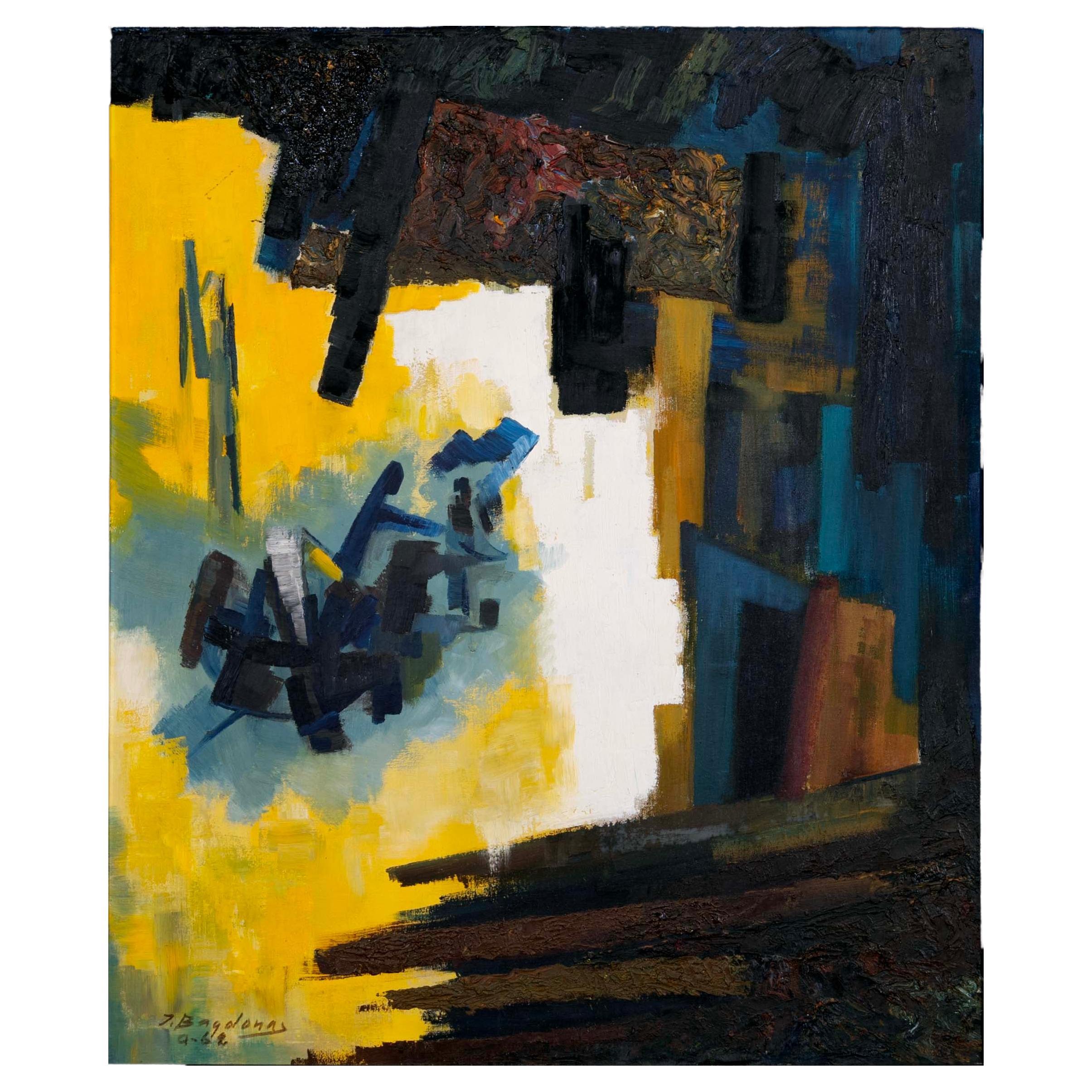 Juozas Bagdonas Firmato Pittura ad olio moderna espressionista astratta su tela 1962 in vendita