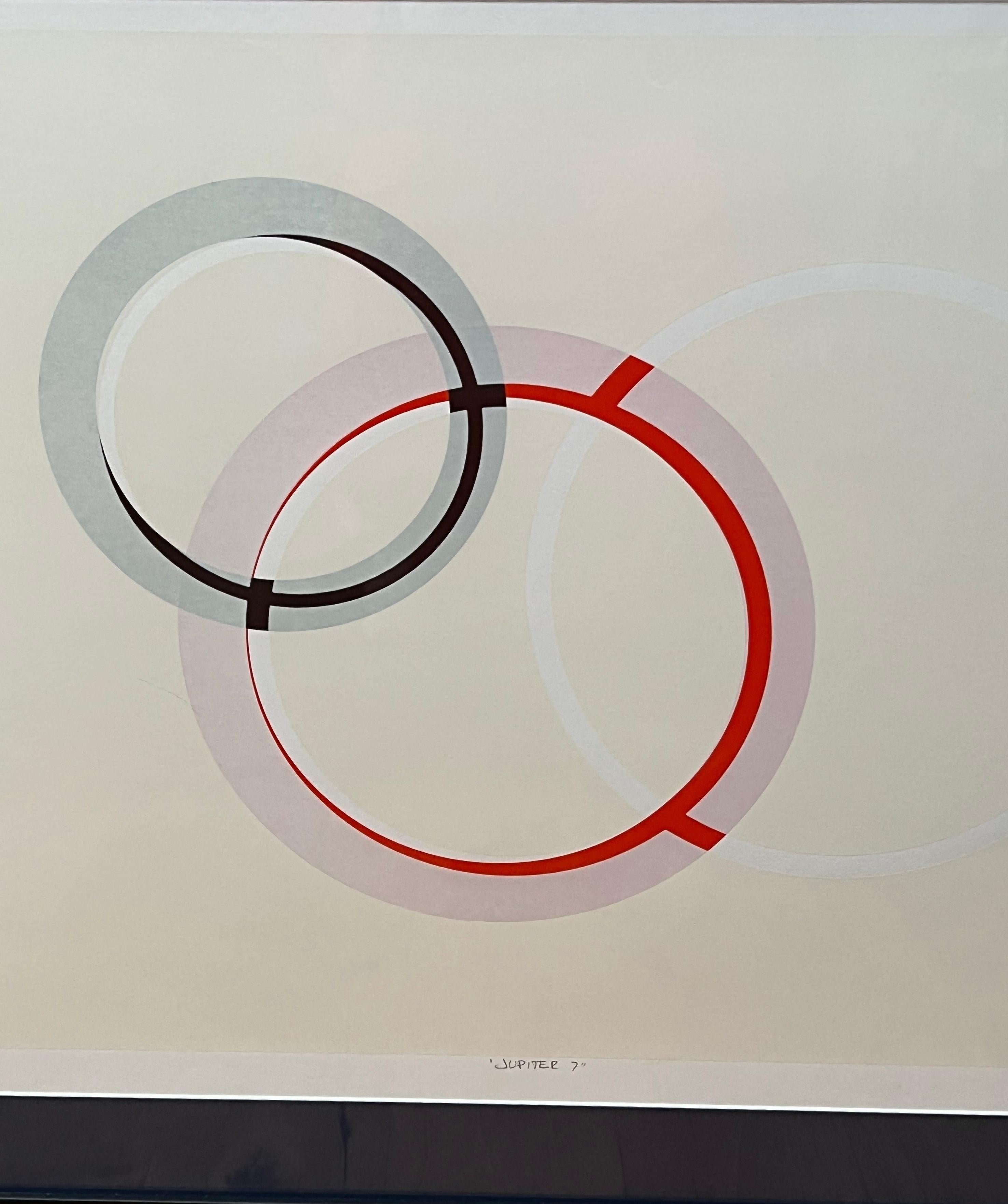 A lithograph containing three circles overlapping. Minimalist with clean lines, this hard edge piece would add much character into any environment. 
Titled 
