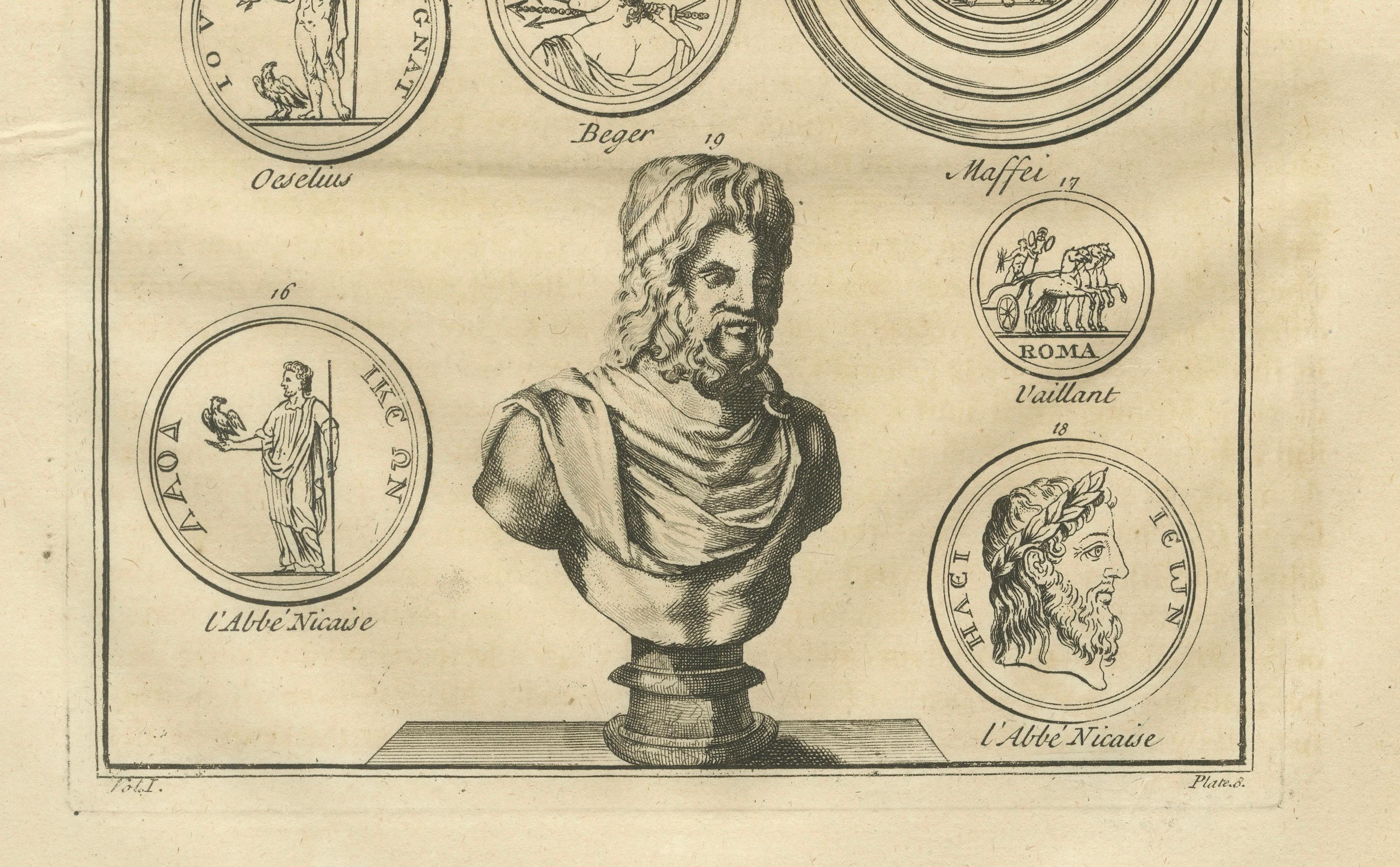 Jupiter and Roman Coin Types, Antique Classical Engraving, Montfaucon - 1721