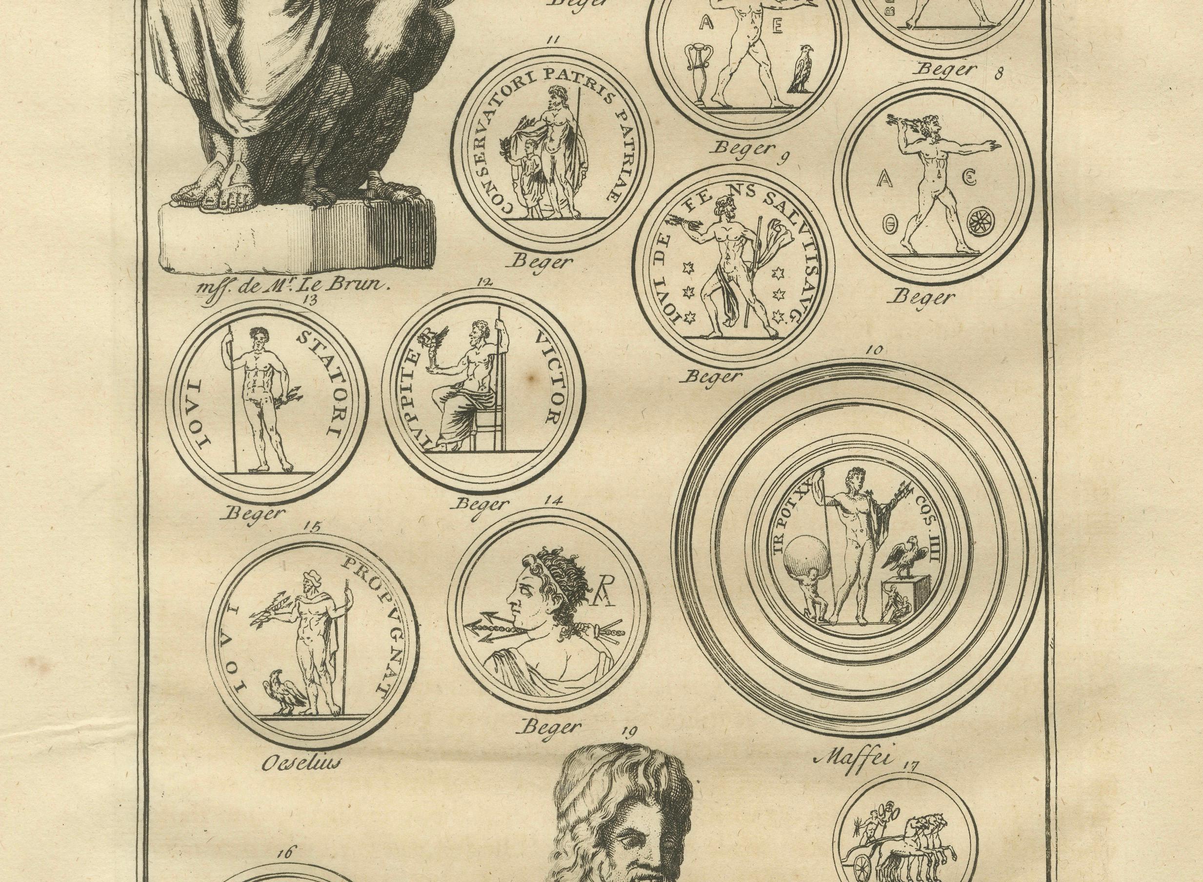 Jupiter and Roman Coin Types, Antique Classical Engraving, Montfaucon - 1721