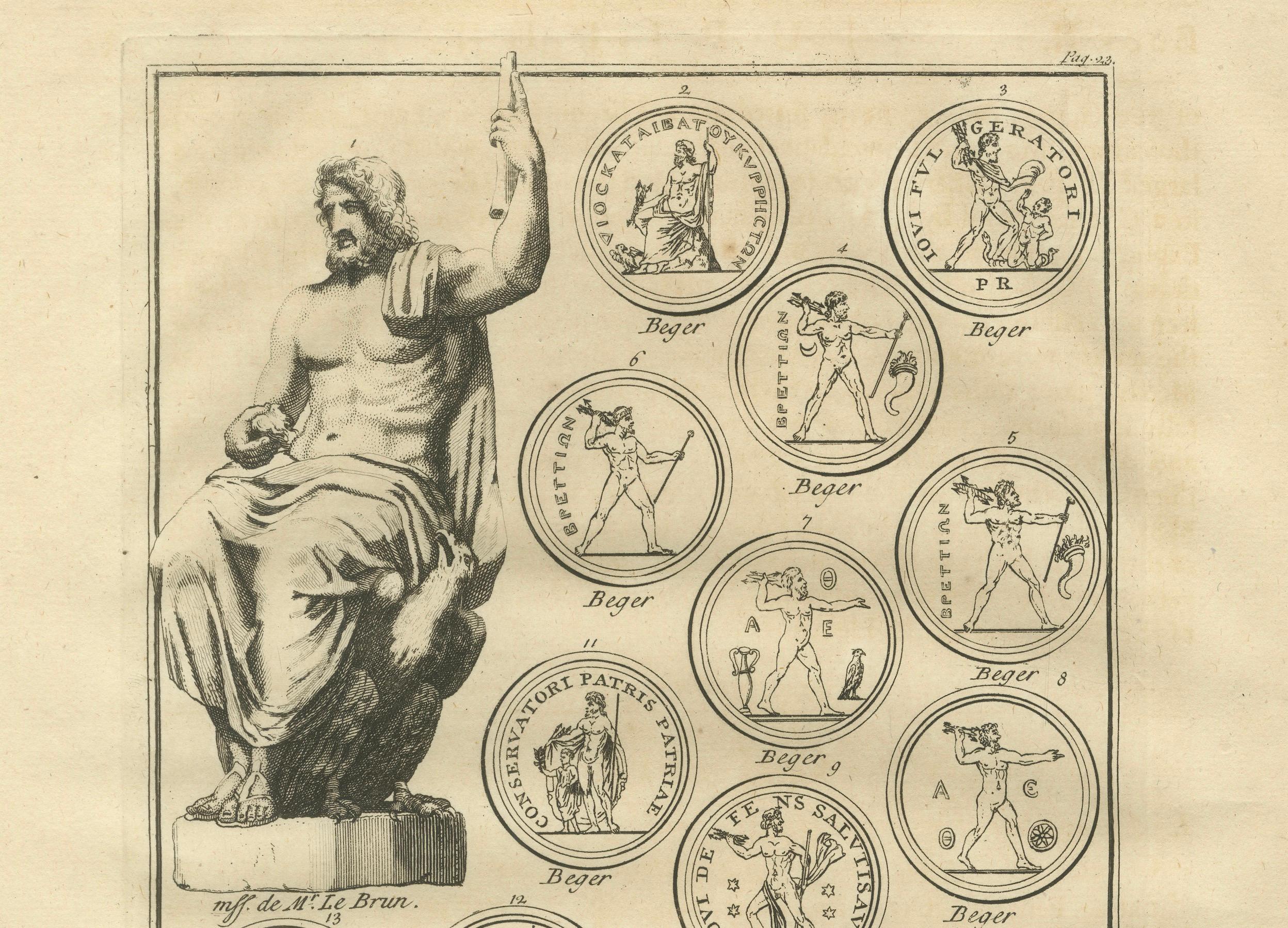 Jupiter and Roman Coin Types, Antique Classical Engraving, Montfaucon - 1721