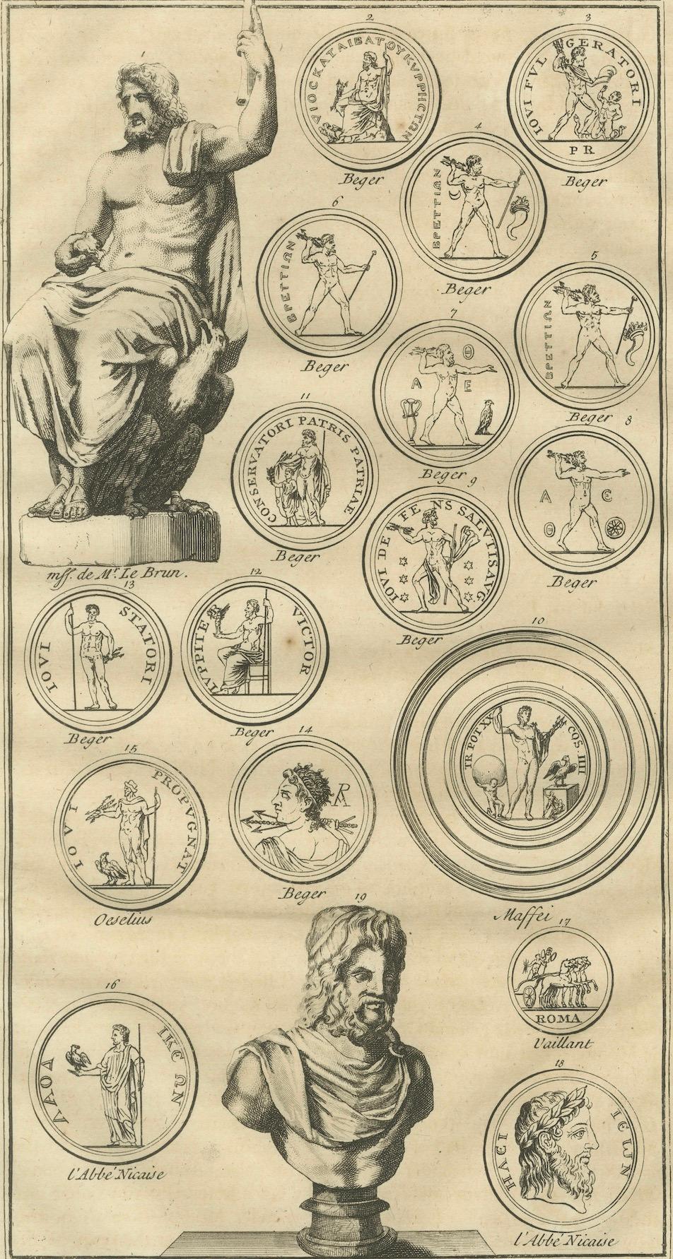 Jupiter and Roman Coin Types, Antique Classical Engraving, Montfaucon - 1721