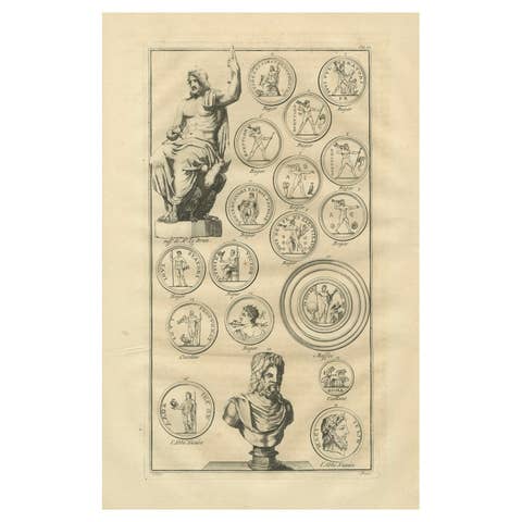 Jupiter and Roman Coin Types, Antique Classical Engraving, Montfaucon - 1721