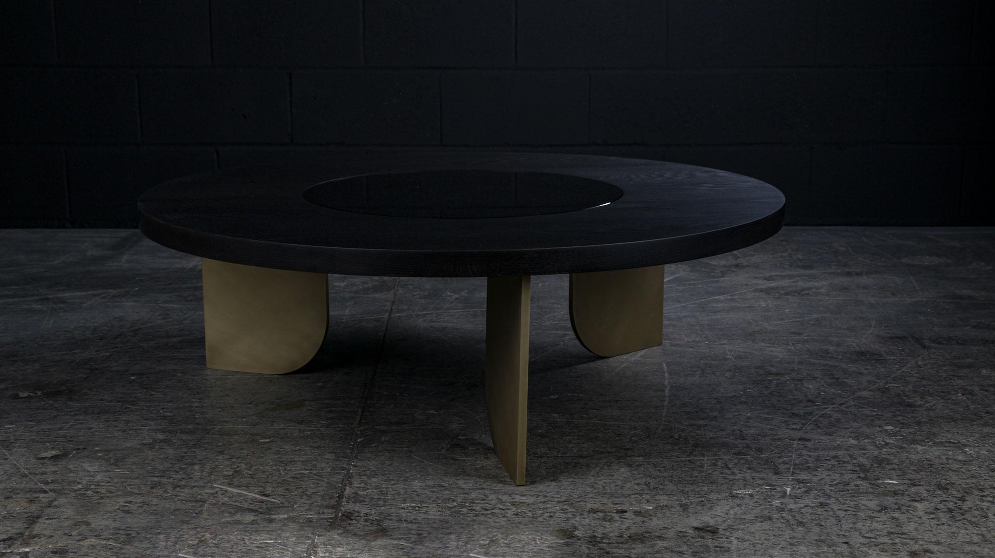 Modern Jupiter Coffee Table by AMBROZIA, Ebonized Oak, Dark Gray Glass, Antique Brass  For Sale