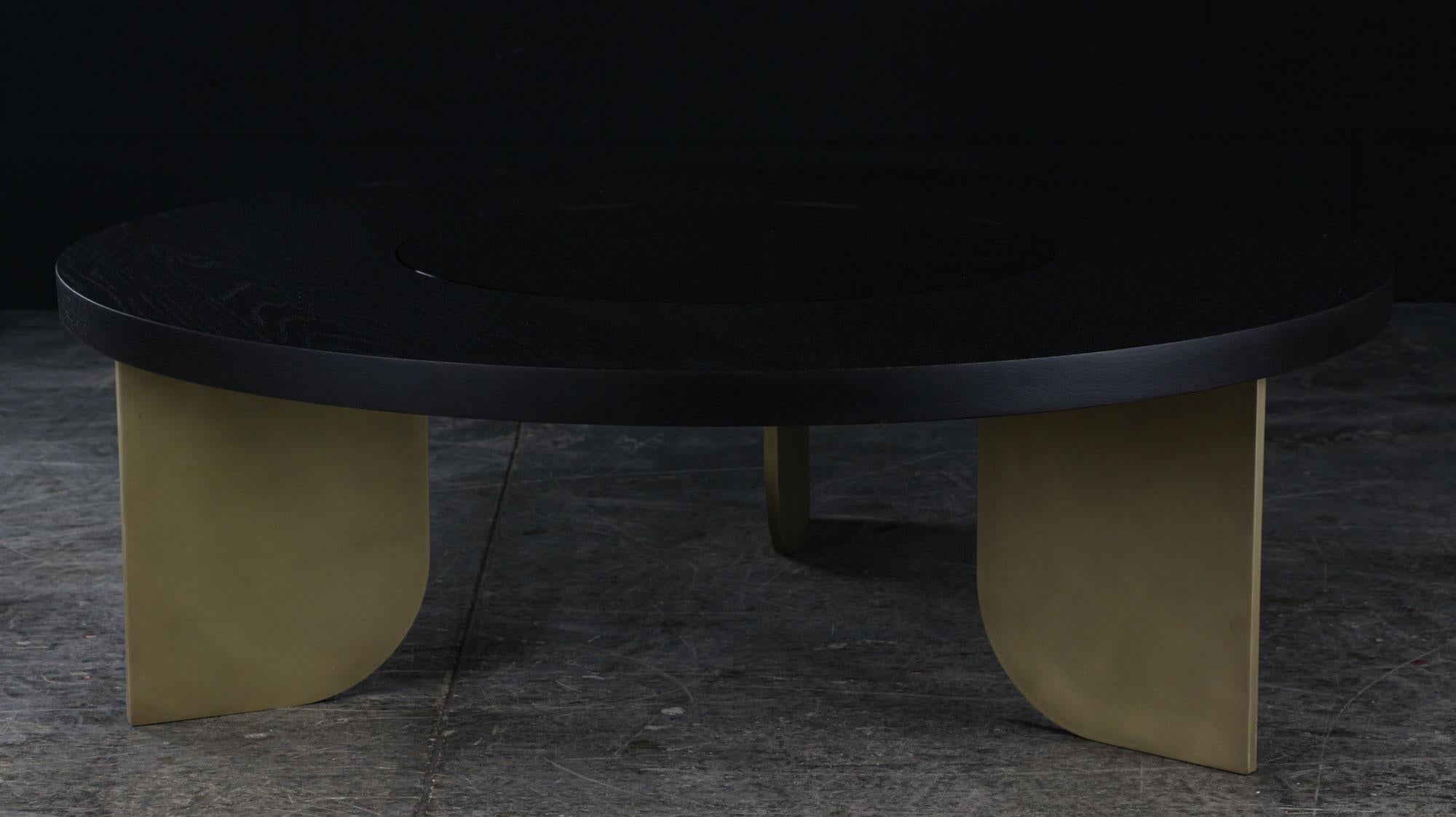 Contemporary Jupiter Coffee Table by AMBROZIA, Ebonized Oak, Dark Gray Glass, Antique Brass  For Sale