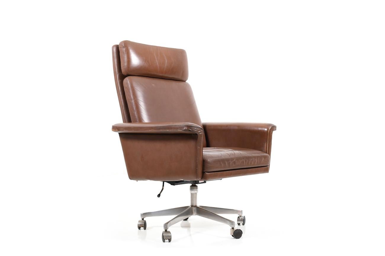 Midcentury Danish brown leather desk chair. Model: Jupiter. Designed by C.W.F. France. Made by CADO.