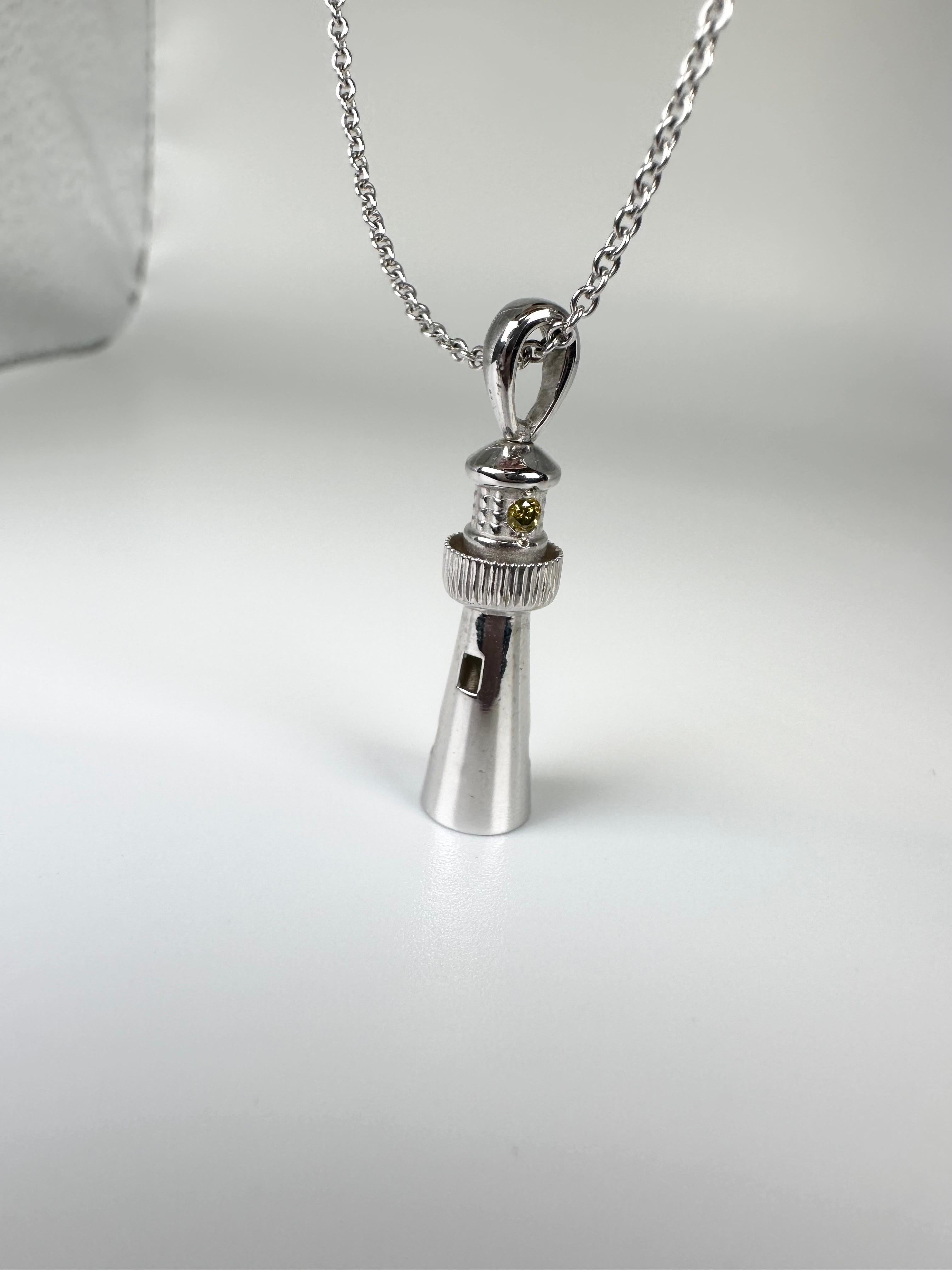 Round Cut Jupiter Lighthouse pendant necklace 14KT white gold Fancy yelllow diamond pendan For Sale