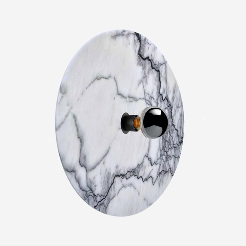 White marble with black veins piece mounted on a black lacquered metal base. 
Can be used as a wall or ceiling light.
Handmade in Europe  
