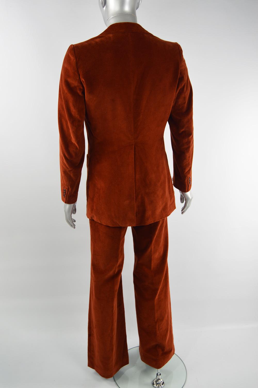 Jupiter Paris - Costume pantalon évasé en velours orange brûlé vintage pour homme, années 1970 en vente 1