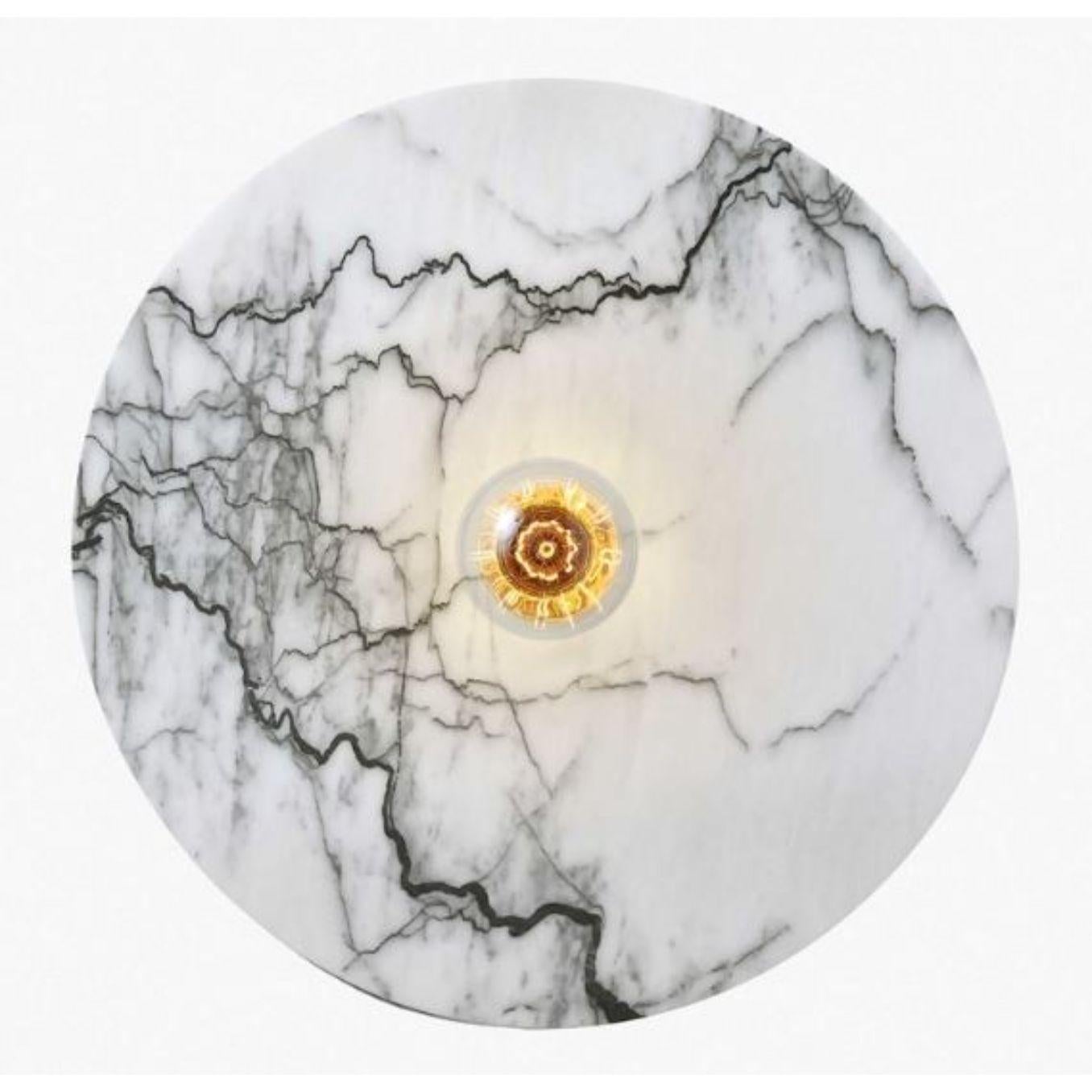 Jupiter wall light by RADAR
Design: Bastien Taillard
Materials: Marble, matte black thermolacquered metal structure, matt white thermo lacquered front ring.
Dimensions: depth 10 x diameter 60 cm.

All our lamps can be wired according to each