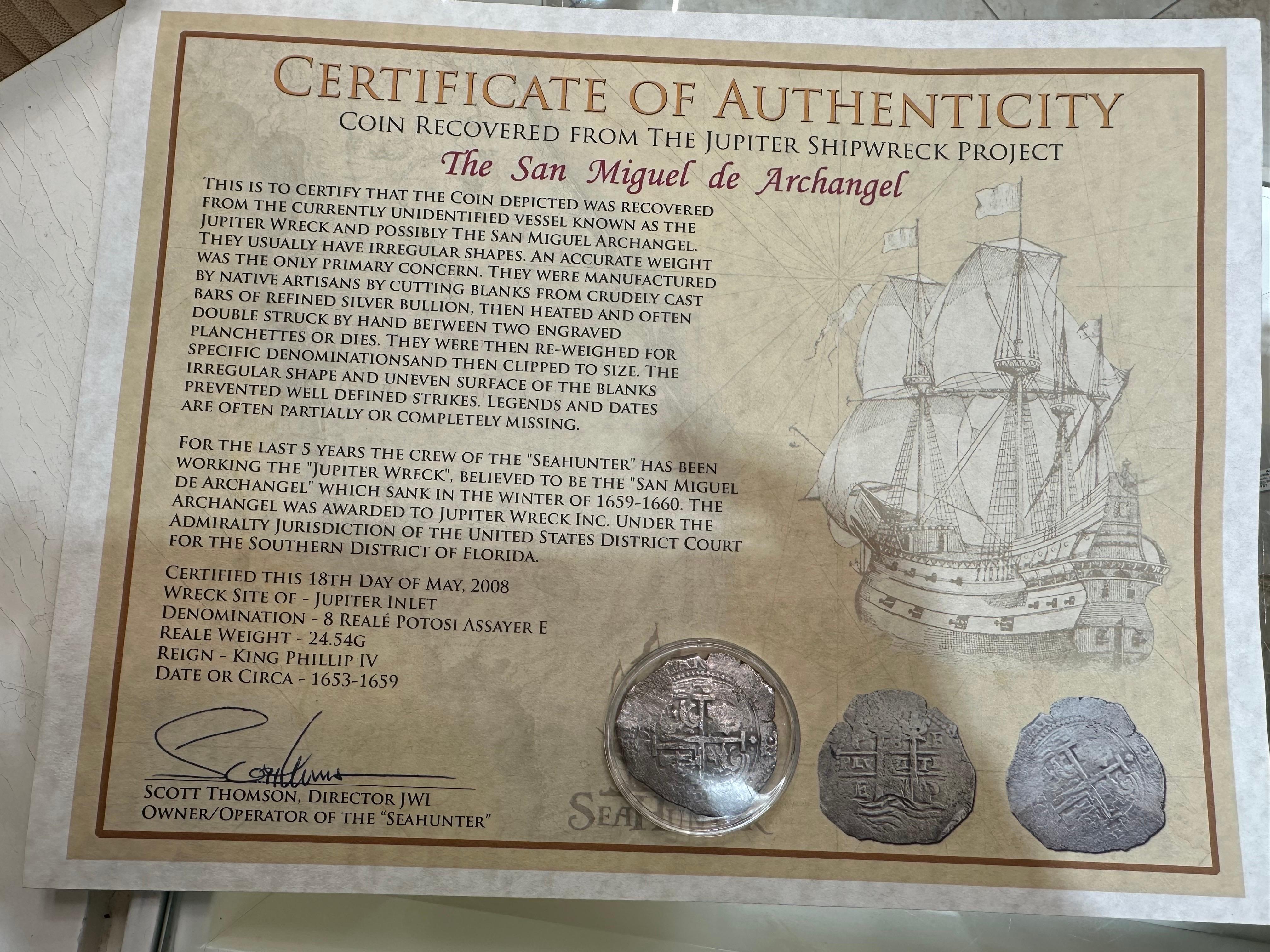 Stunning piece of history to own, a real coin from the ship! Read the certificate and be amazed! Selling this rare piece, open to offers!

WHAT YOU GET AT STAMPAR JEWELERS:
Stampar Jewelers, located in the heart of Jupiter, Florida, is a custom