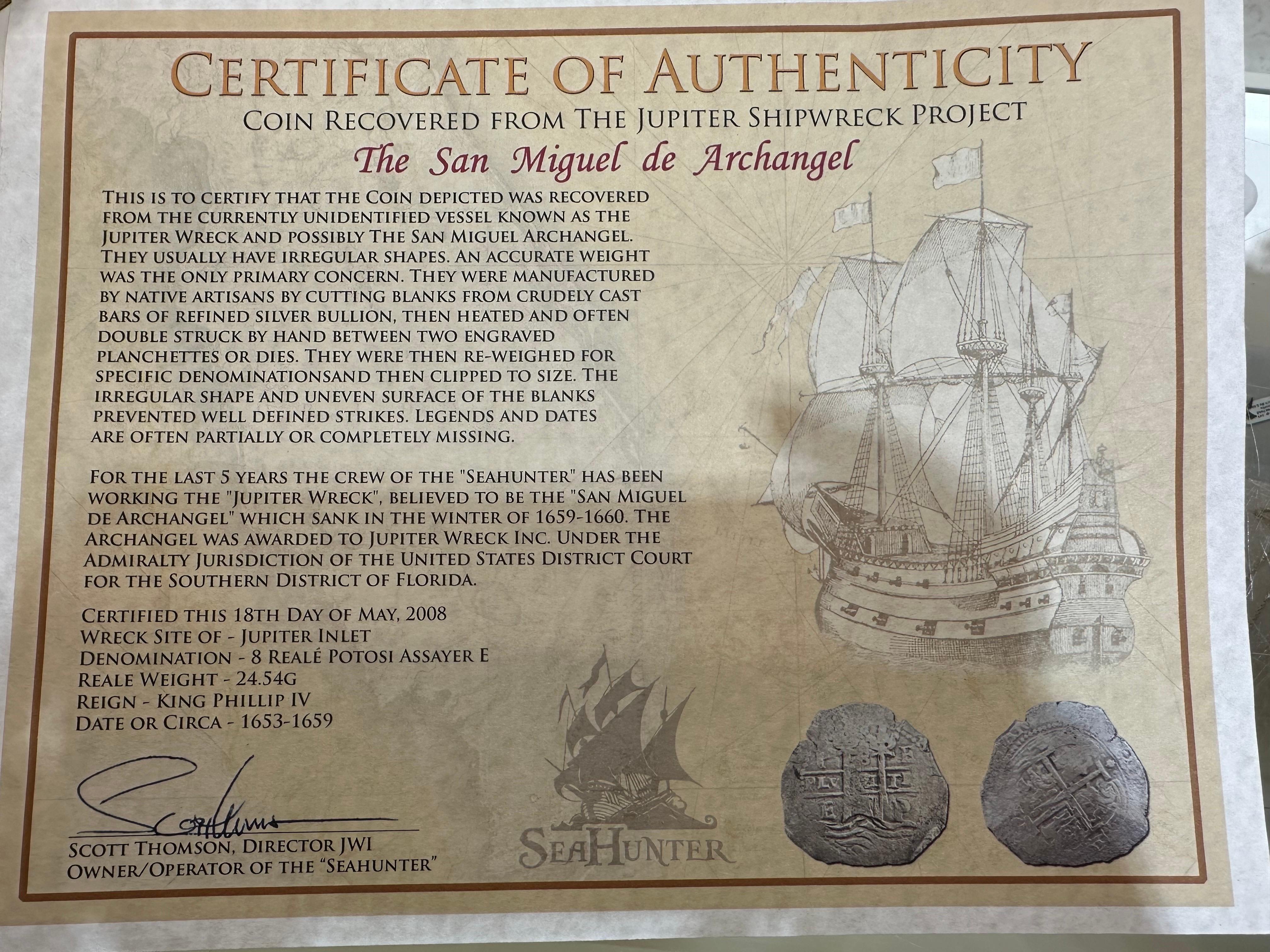 Women's or Men's Jupiter Wreck coin RARE coin with certificate For Sale