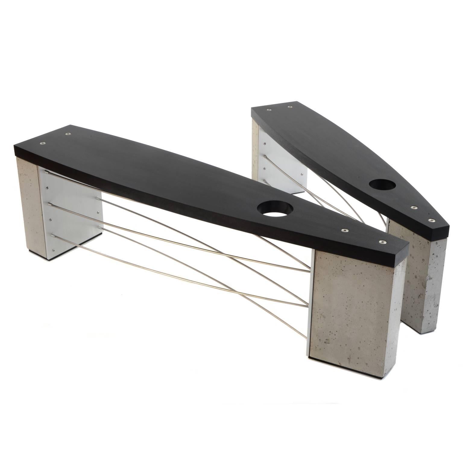 Jupiter XL is a larger version of the Jupiter bench. It maintains Jupiter’s sleek nautical lines while getting taller longer and wider. The stainless steel rods are gently curved and the hole through the top centers over their intersection.