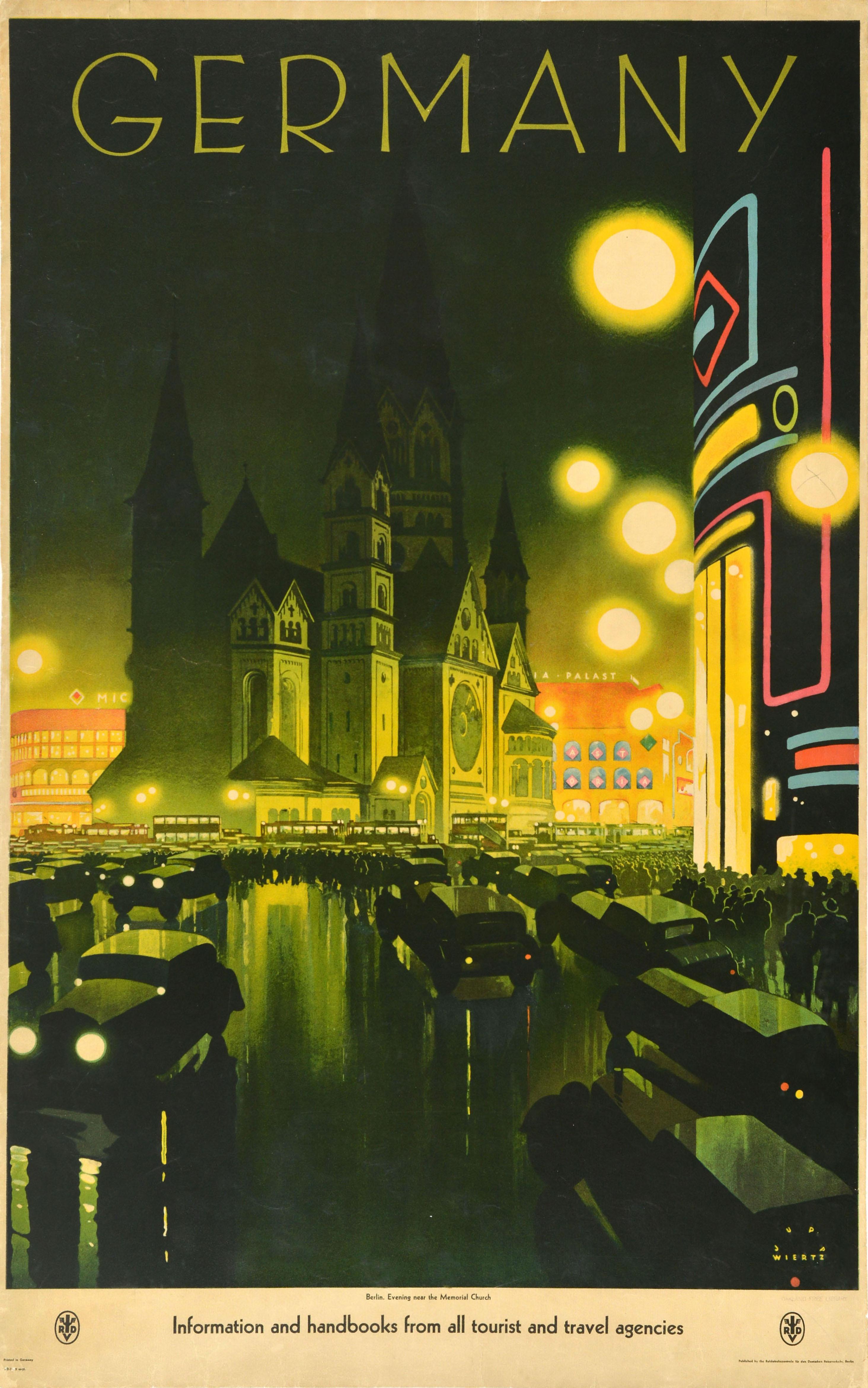 Original vintage travel advertising poster for Germany published by the German State Railway RDV Reichsbahnzentrale fur den Deutschen Reiseverkehr featuring a stunning Art Deco design by the notable German graphic designer and poster artist Jupp