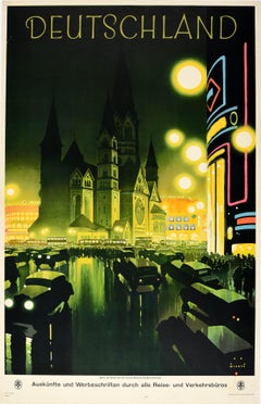 Original Vintage Travel Advertising Poster Germany Berlin Night Art Deco Design