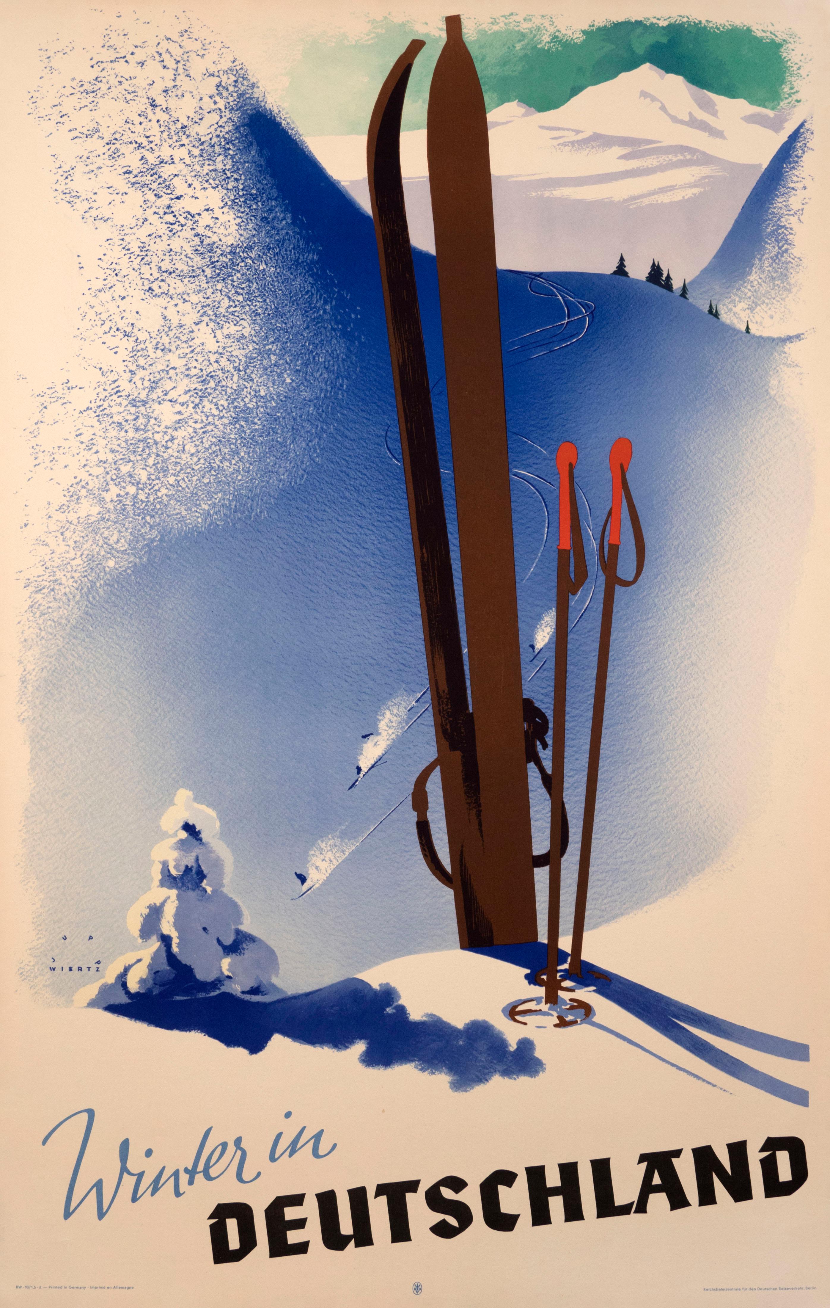 Jupp Wiertz Landscape Print - "Winter in Deutschland" German Art Deco 1930s Ski Original Vintage Poster