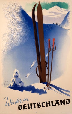 "Winter in Deutschland" German Art Deco 1930s Ski Original Vintage Poster