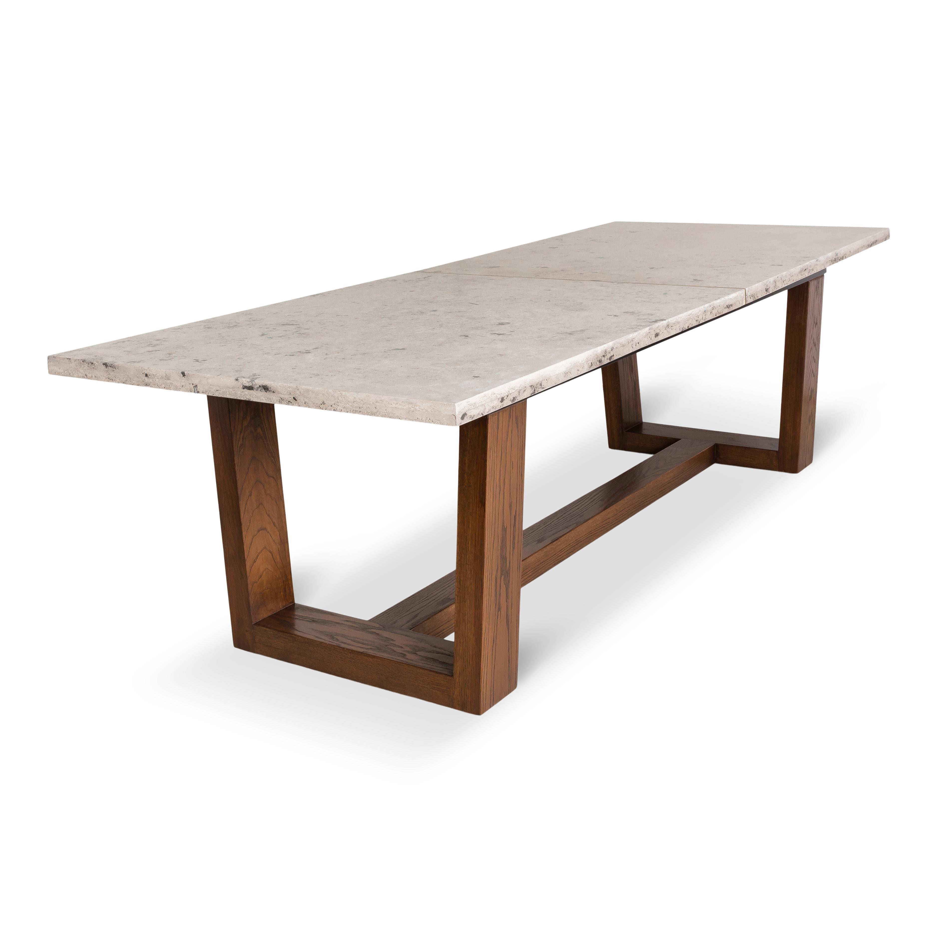 Organic Modern Jura Grey Dining Table Top on Walnut Base with Bronze Band For Sale