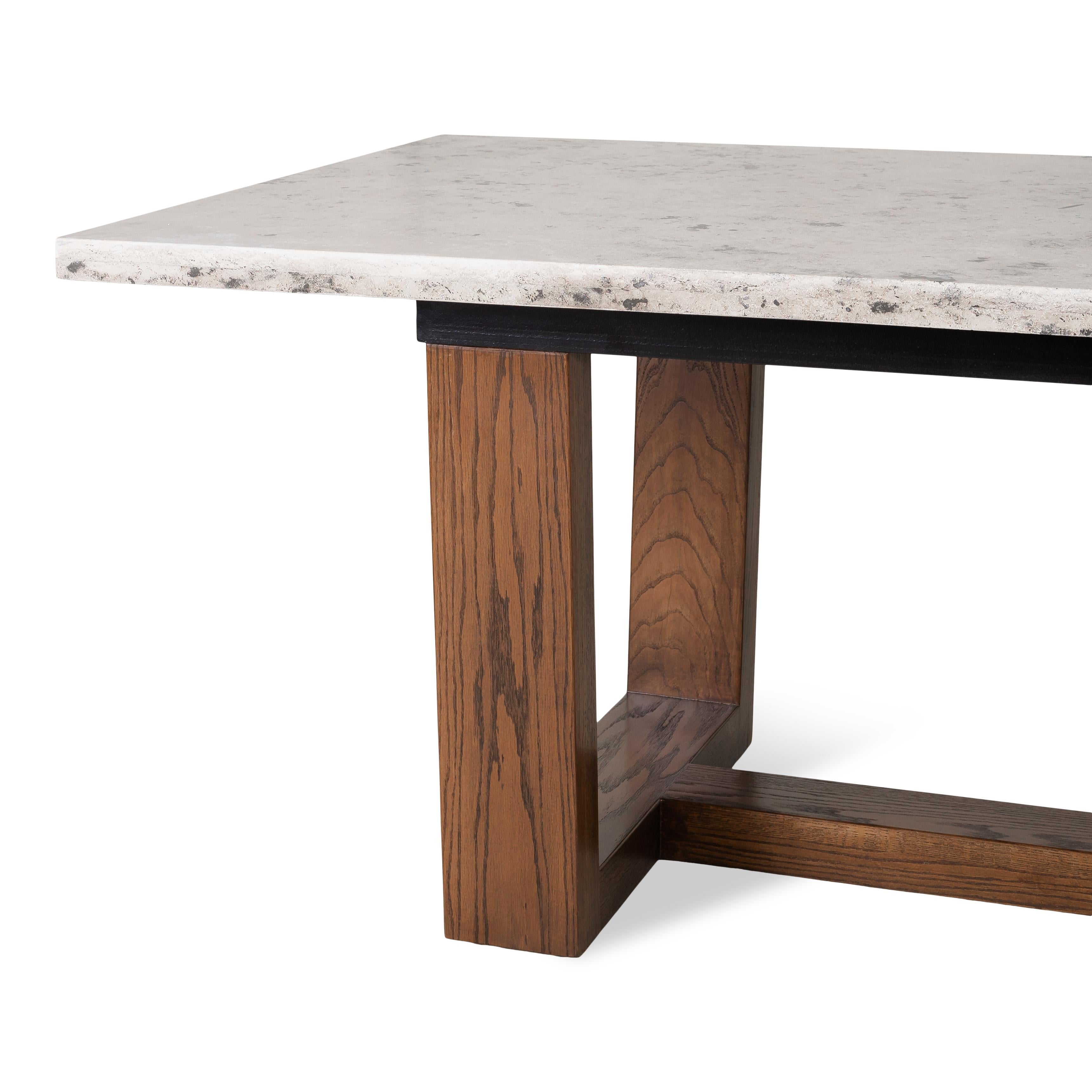Jura Grey Dining Table Top on Walnut Base with Bronze Band In Good Condition For Sale In Dallas, TX