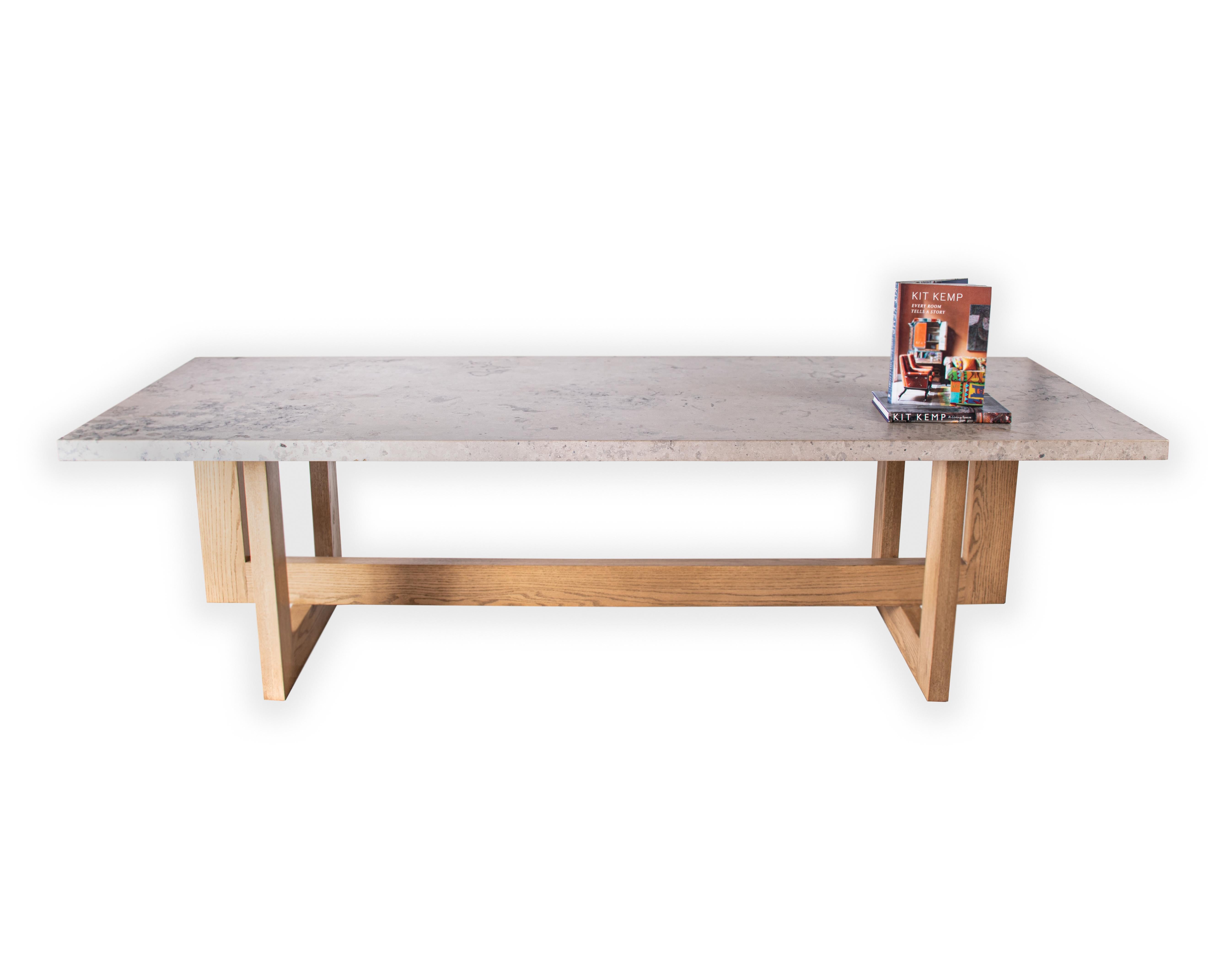 Jura Grey Marble Dining Table, with an Oak Geometric Base In New Condition In Dallas, TX