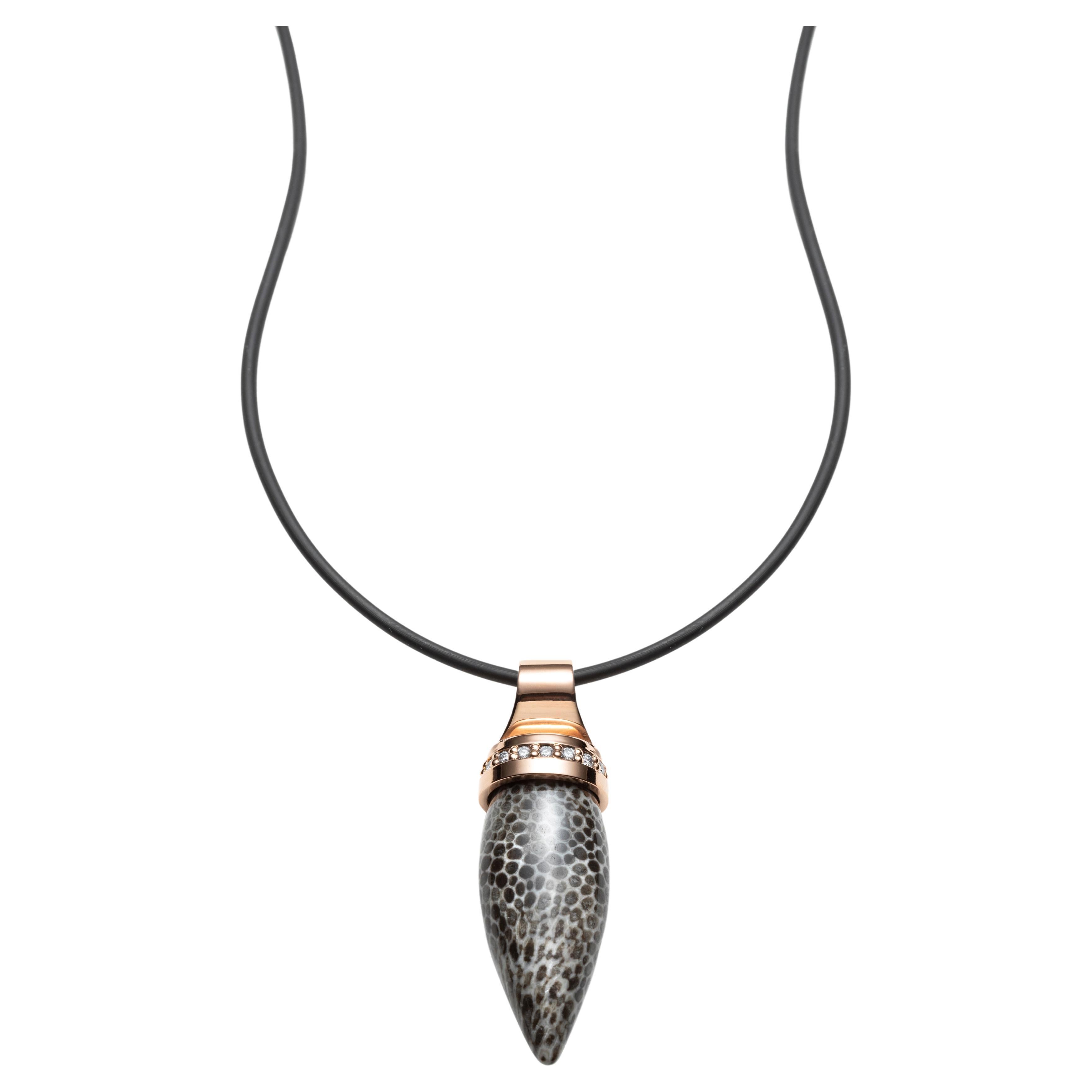 Jurassica Pendant in 18k Rose Gold Set with Fossil Agate + Diamonds by Serafino For Sale