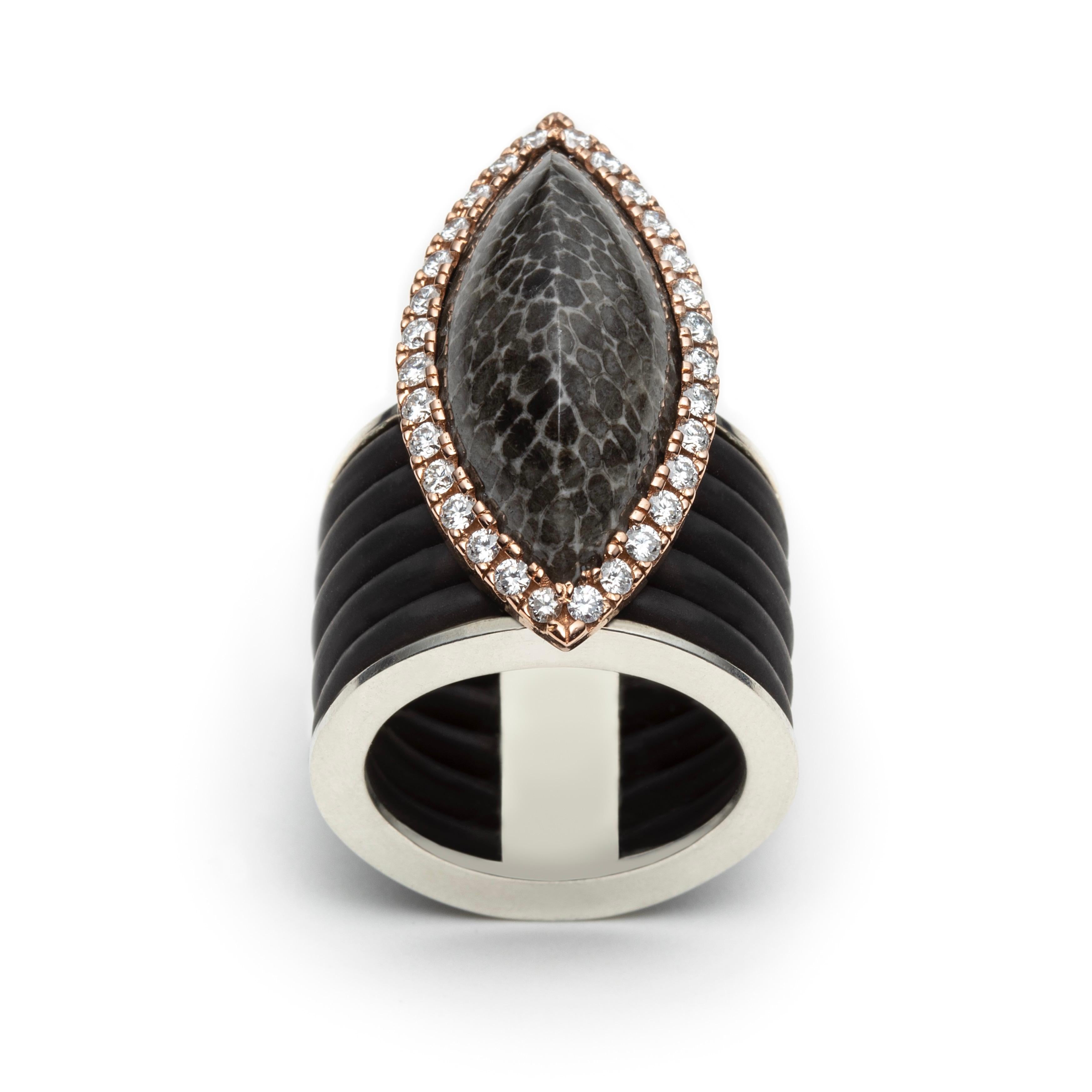 Contemporary Jurassica Ring in 18k Rose Gold Silver with Fossil Agate + Diamonds For Sale