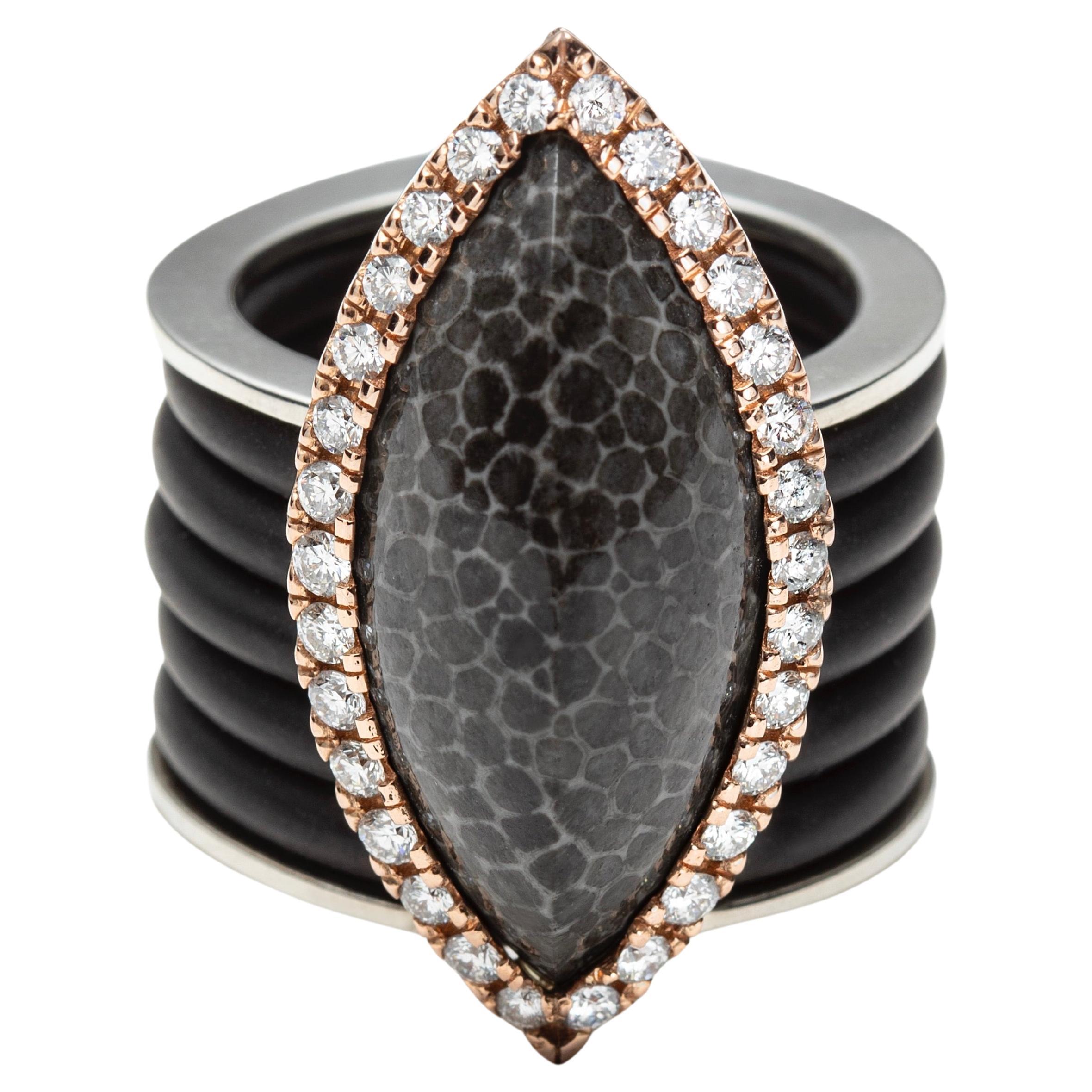 Jurassica Ring in 18k Rose Gold Silver with Fossil Agate + Diamonds For Sale
