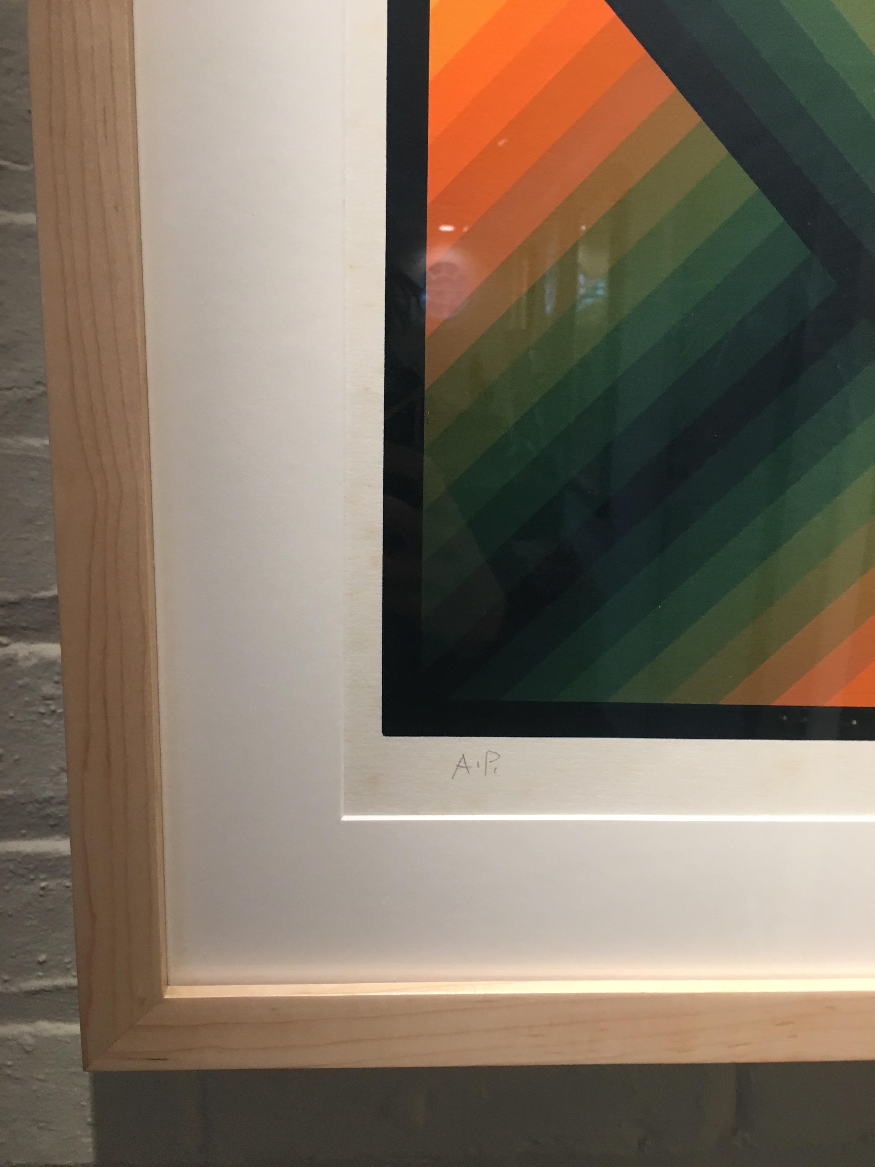 Op art serigraph by noted op artist Jurgen Peters. Beautiful detail and precision in colors and shapes. Brand new custom white oak frame with shadow box and UV protected plexiglas. Signed and numbered but the artist in bottom margin 