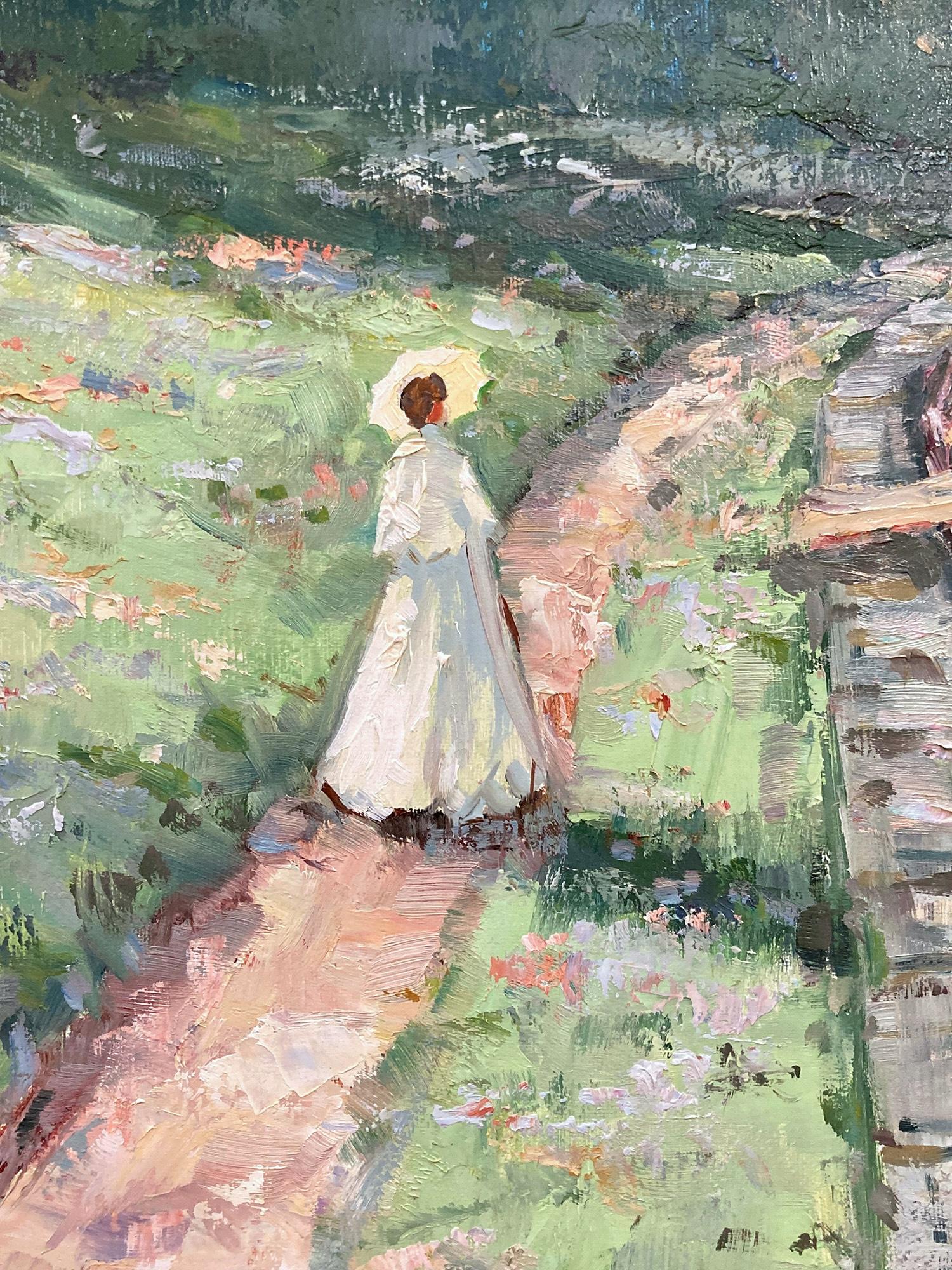 Questo quadro di Jurgen Winter raffigura una bella figura con un ombrellino che si affaccia sulla scena lungo la Senna a Parigi in Francia, un soggetto popolare dell'epoca dipinto da molti importanti pittori post-impressionisti del XX secolo. Questo