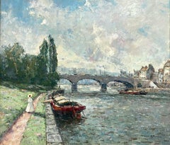 "On the Seine" Colorful Parisian Impressionist Oil Painting on Canvas Framed