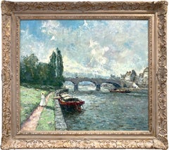 "On the Seine" Colorful Parisian Impressionist Oil Painting on Canvas Framed