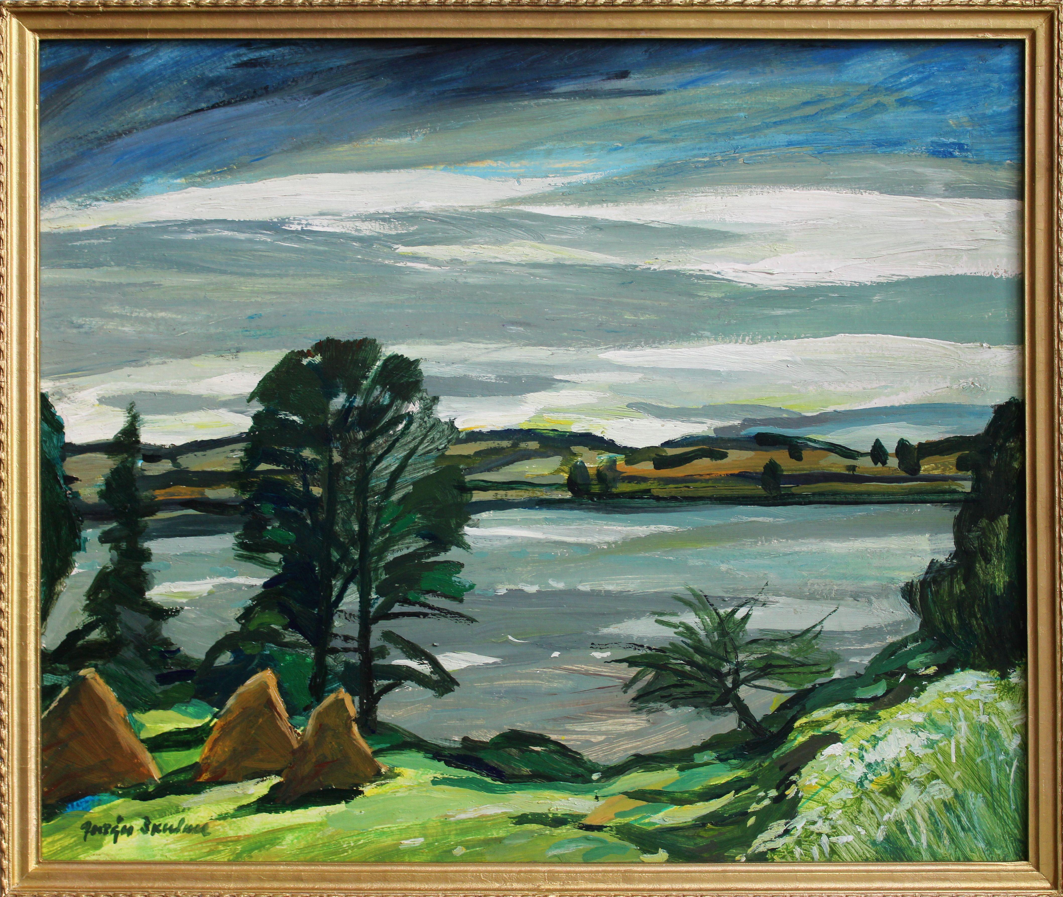 Pajares en la orilla del río. Cartón, óleo, 50x59,5 cm - Painting Expresionista de Jurgis Skulme 
