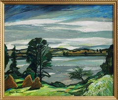 Haystacks am Flussufer. Cardboard, Öl, 50x59,5 cm, Pappe