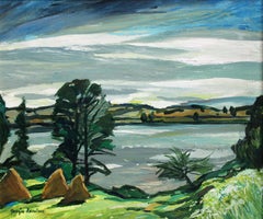 Haystacks sur la rive de la rivière. Cardboard, huile, 50x59,5 cm