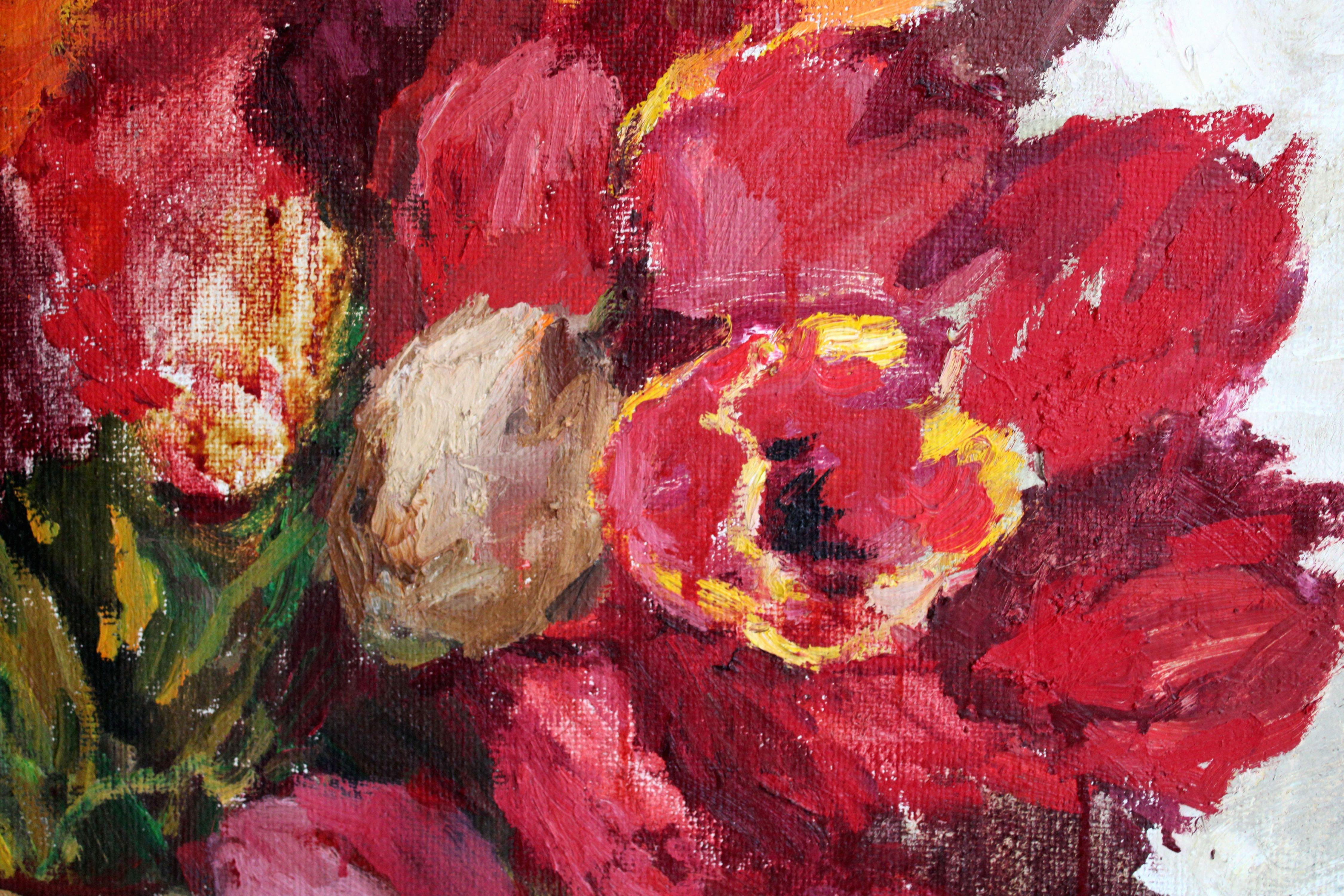 Tulipanes. 1996. Óleo sobre lienzo, 81х100 cm - Abstract Painting Marrón de Jurgis Skulme 