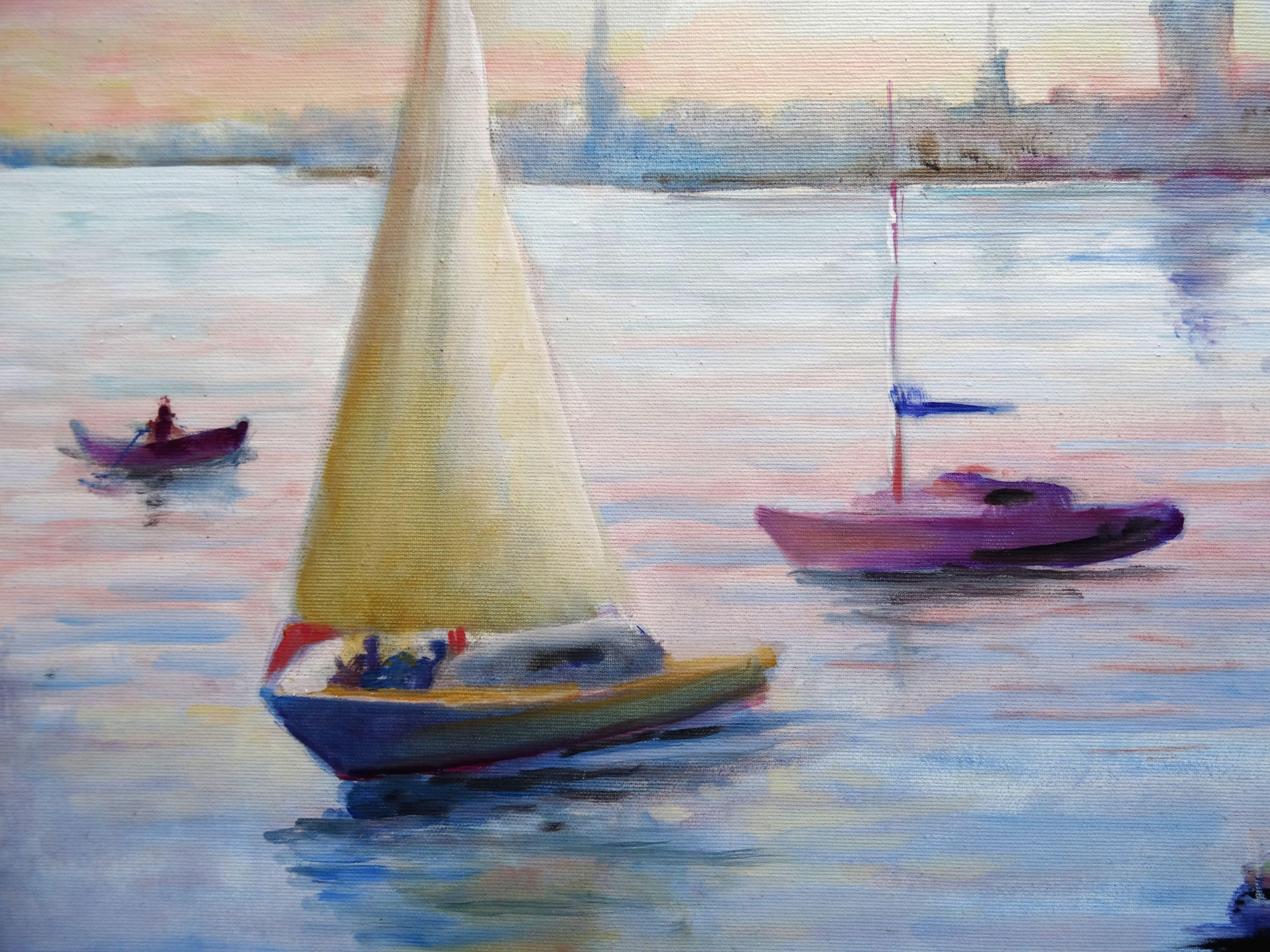 Sailboats. 2021. Canvas, oil, 60x60 cm - Painting by Jurijs Zujevs