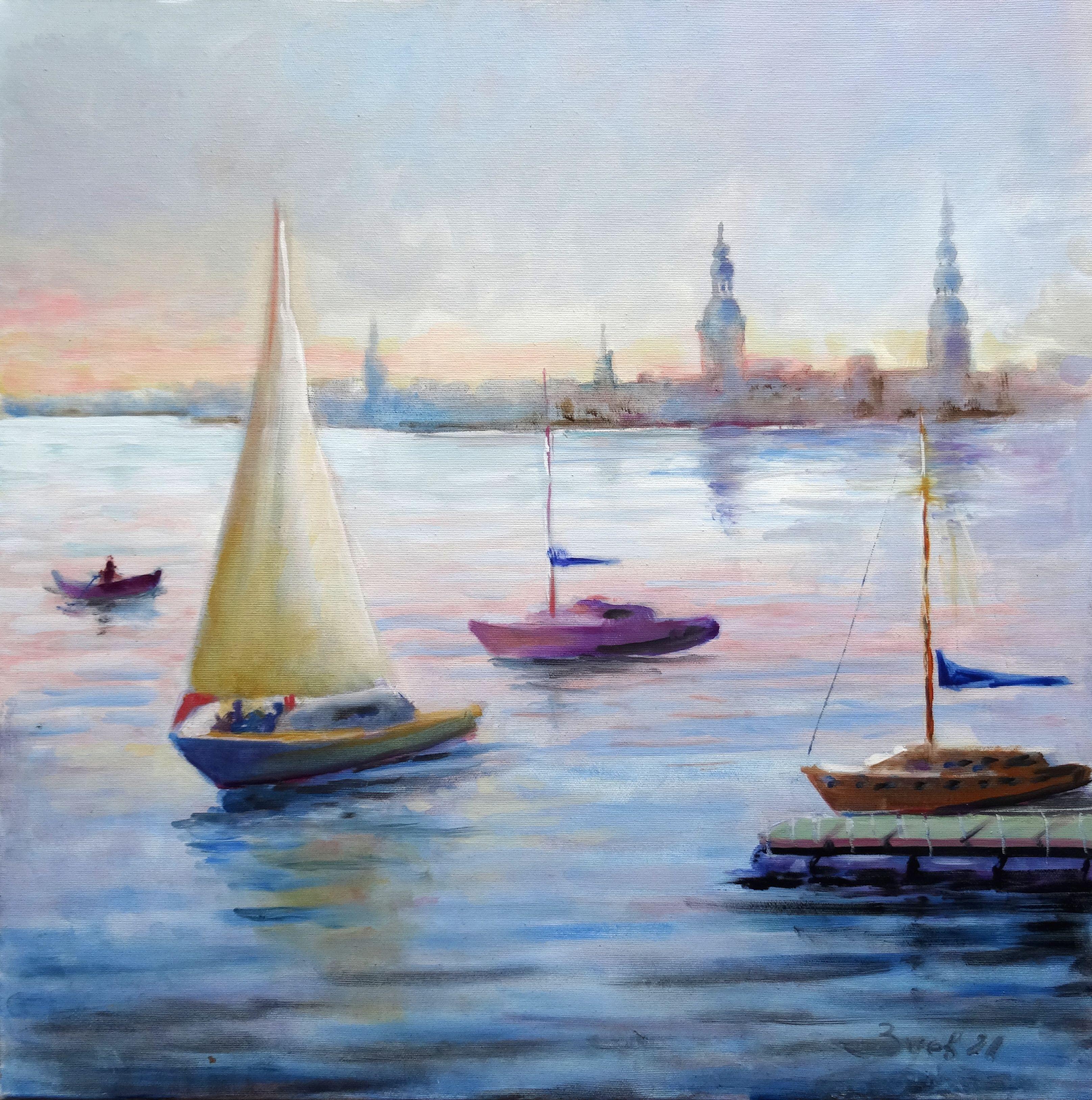 Jurijs Zujevs Landscape Painting - Sailboats. 2021. Canvas, oil, 60x60 cm