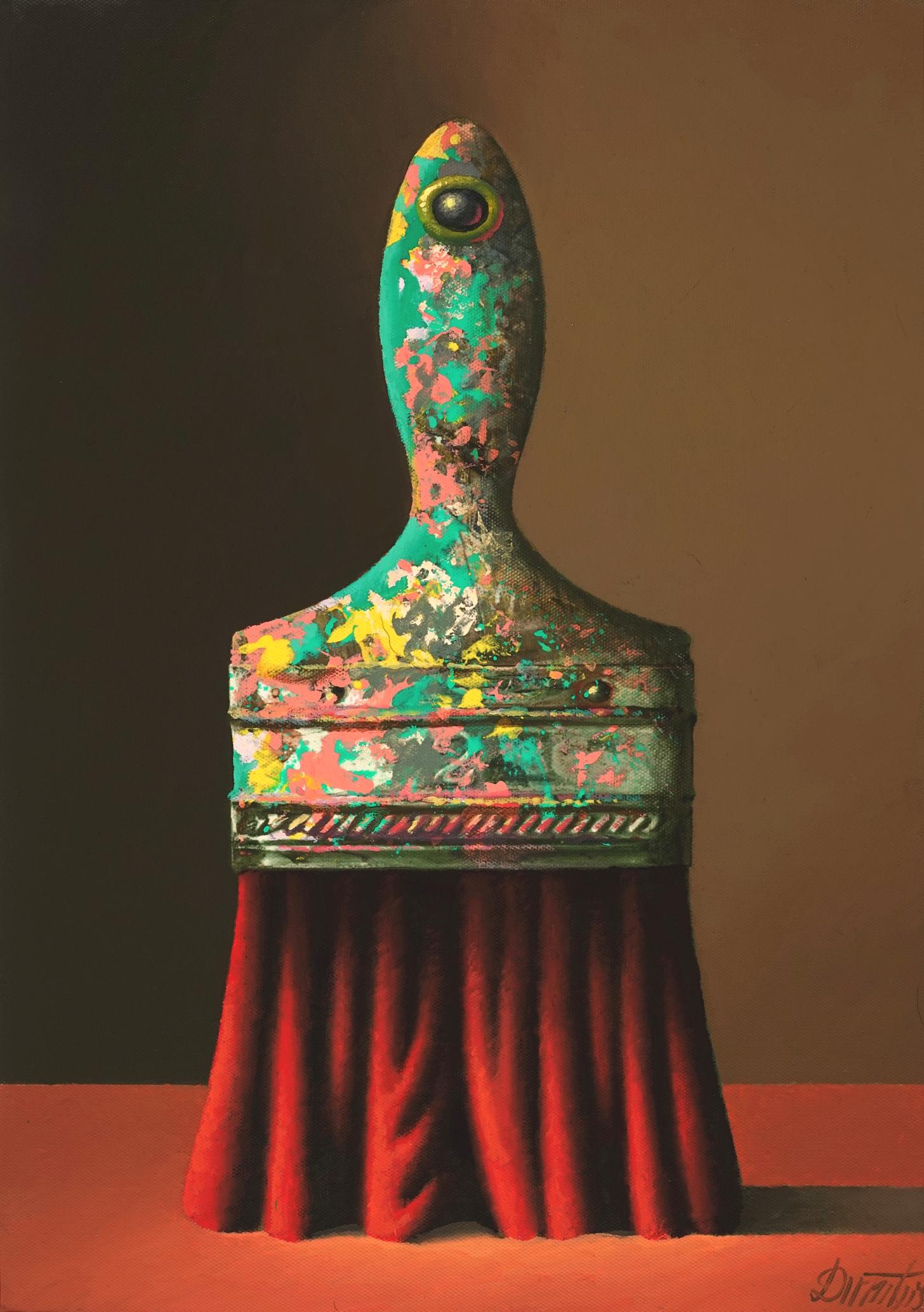 Juris Dimiters Figurative Painting - Composition with paintbrush. 2022. Cardboard, canvas, oil, 41.5x29.5 cm