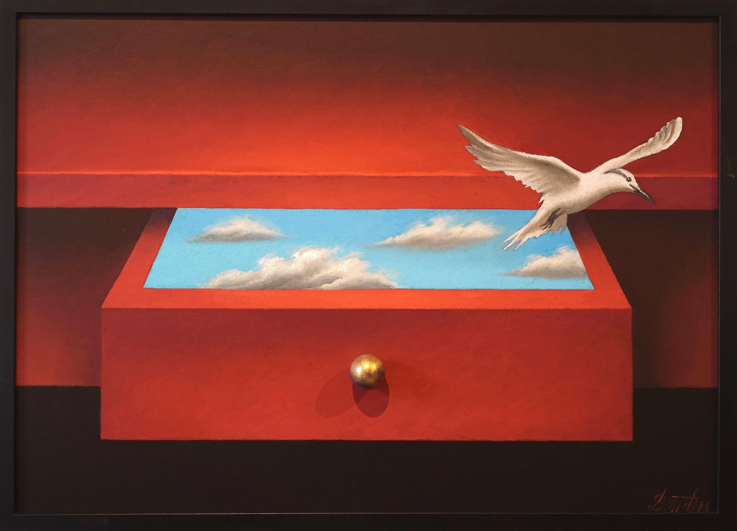 Schublade der Illusionen. 2022 Karton, Leinwand, Öl, 50x70 cm  – Painting von Juris Dimiters