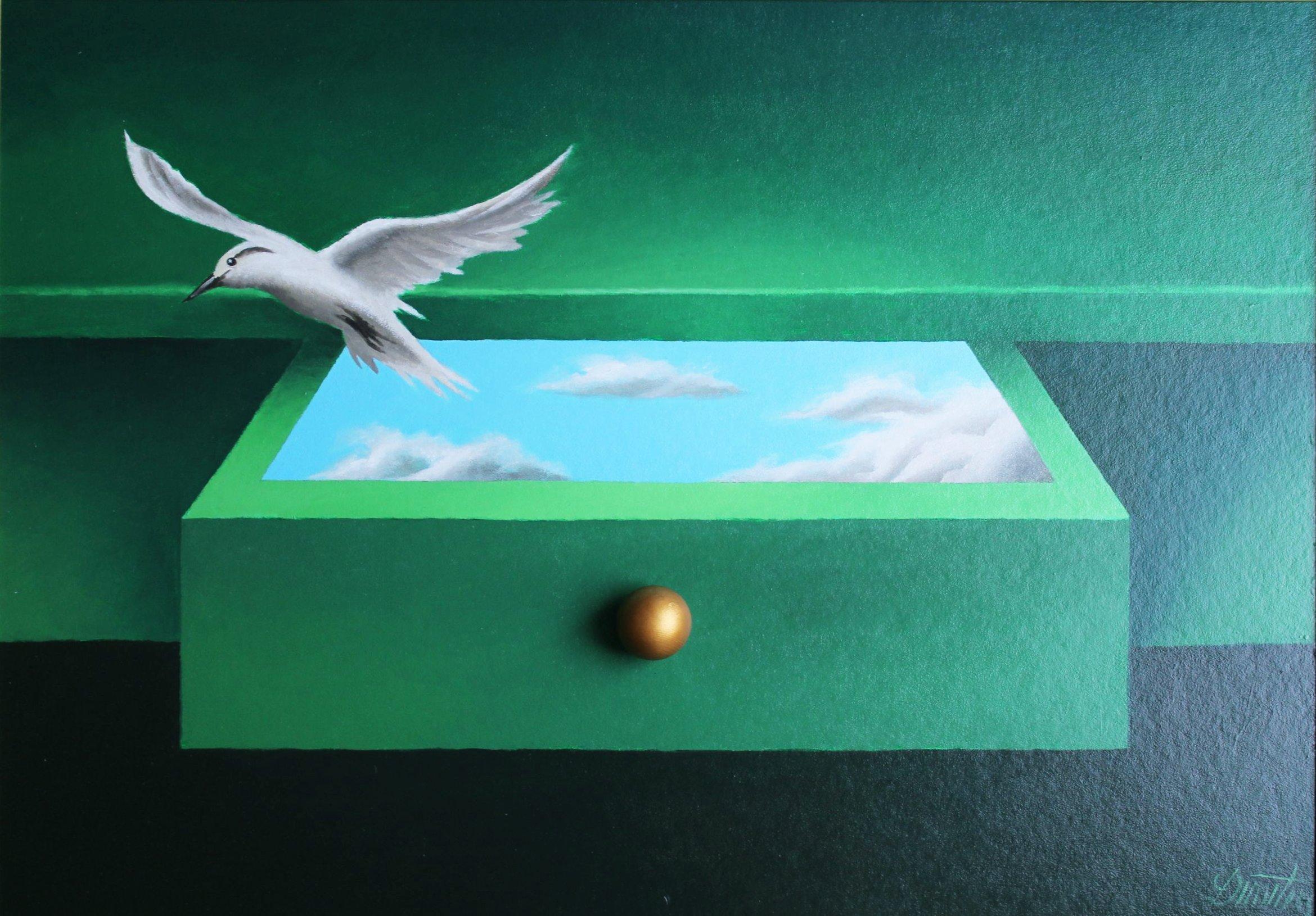 Cajón de las ilusiones 2025 cartón, lienzo, óleo, 50x70 cm - Painting de Juris Dimiters
