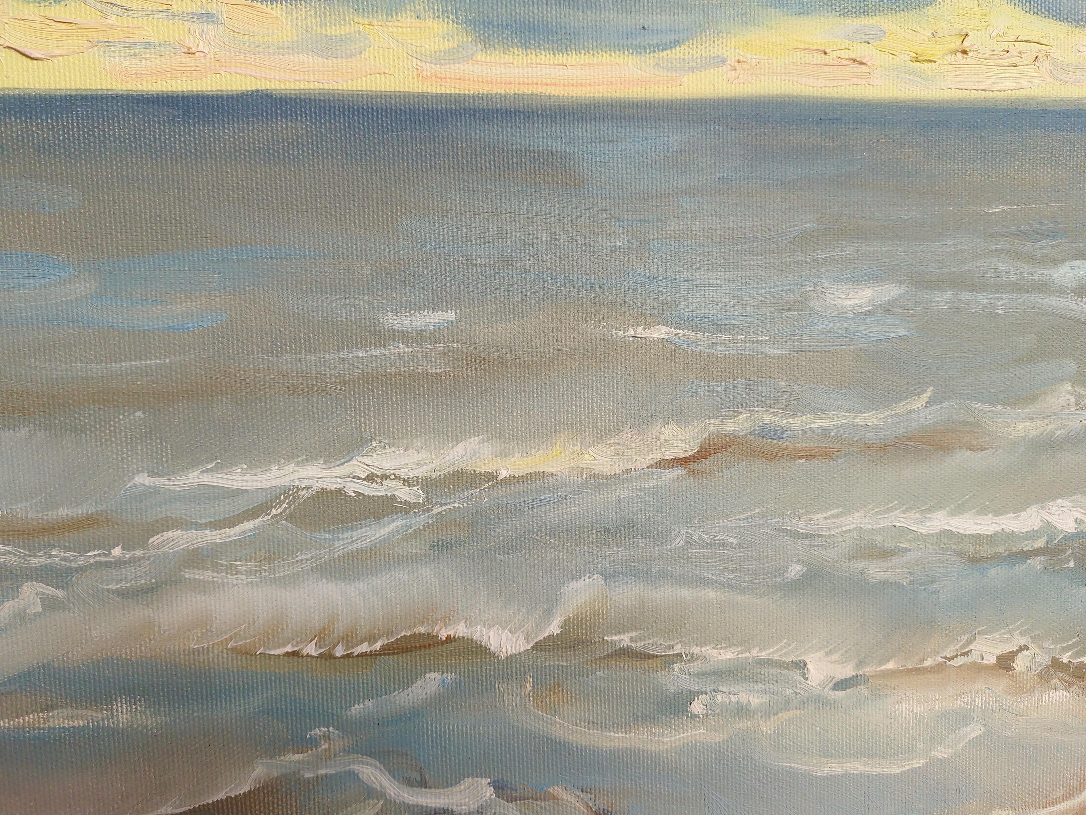 Soirée au bord de la mer. 2008. Peinture à l'huile sur toile, 35 x55 cm - Gris Landscape Painting par Juris Germanis