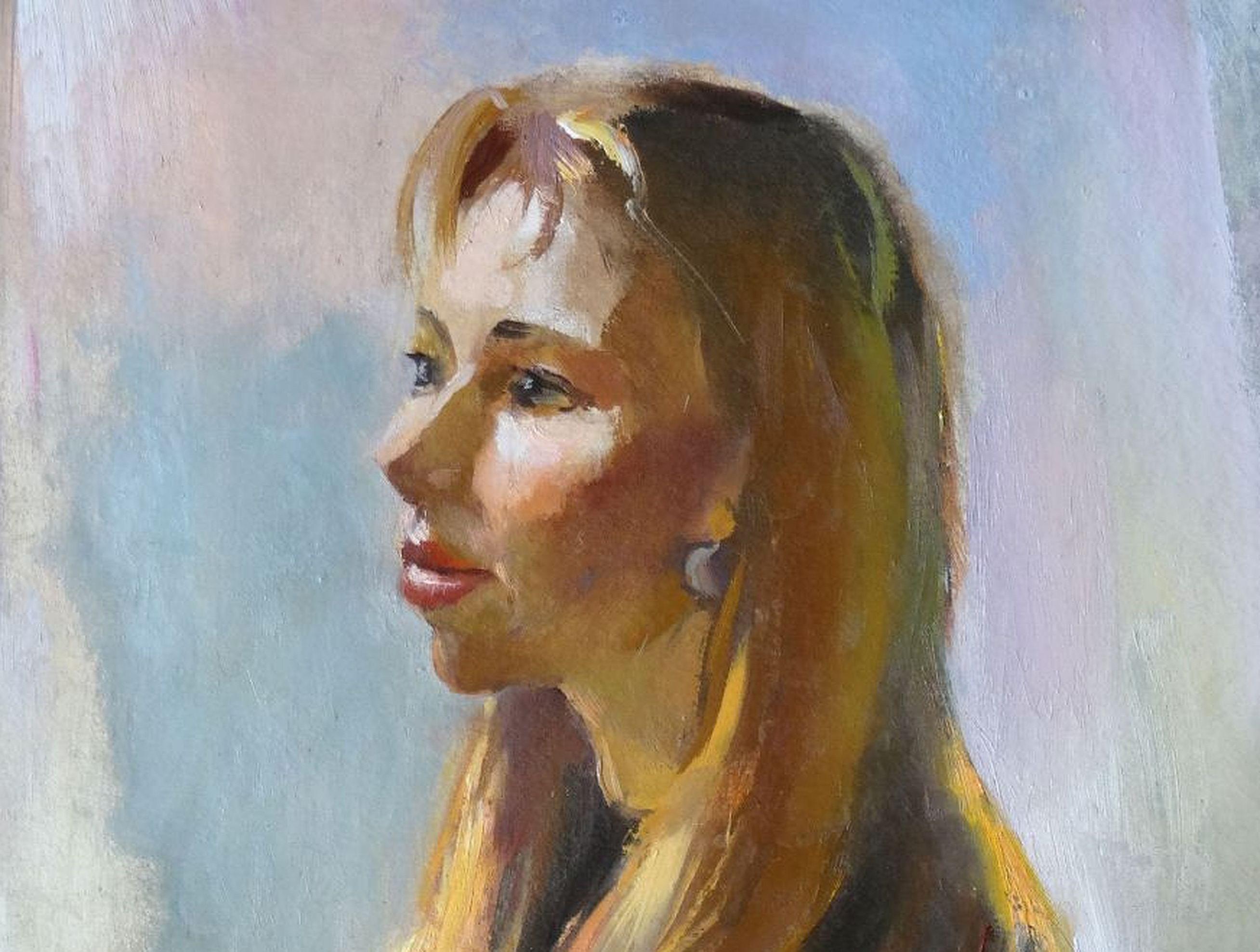 Retrato de chicas. Óleo sobre lienzo, 81x57 cm - Portrait Painting Gris de Juris Germanis