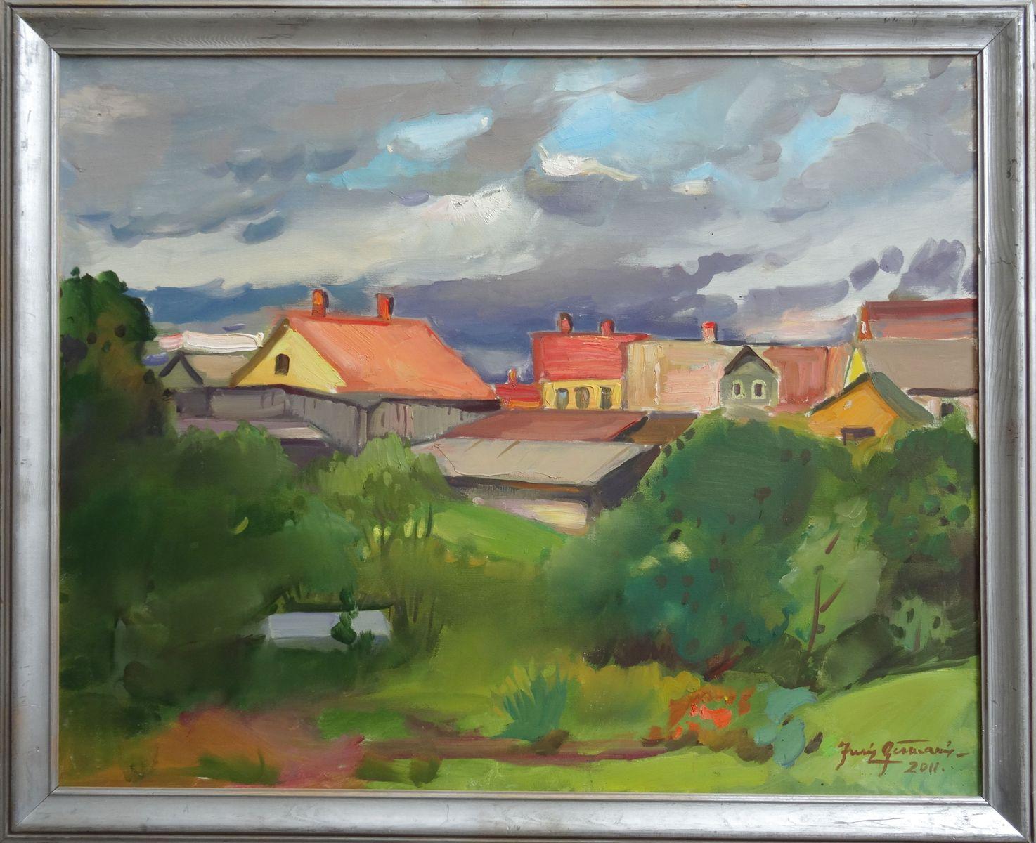 In a small town. 2011, Öl auf Leinwand, 65x81 cm – Painting von Juris Germanis