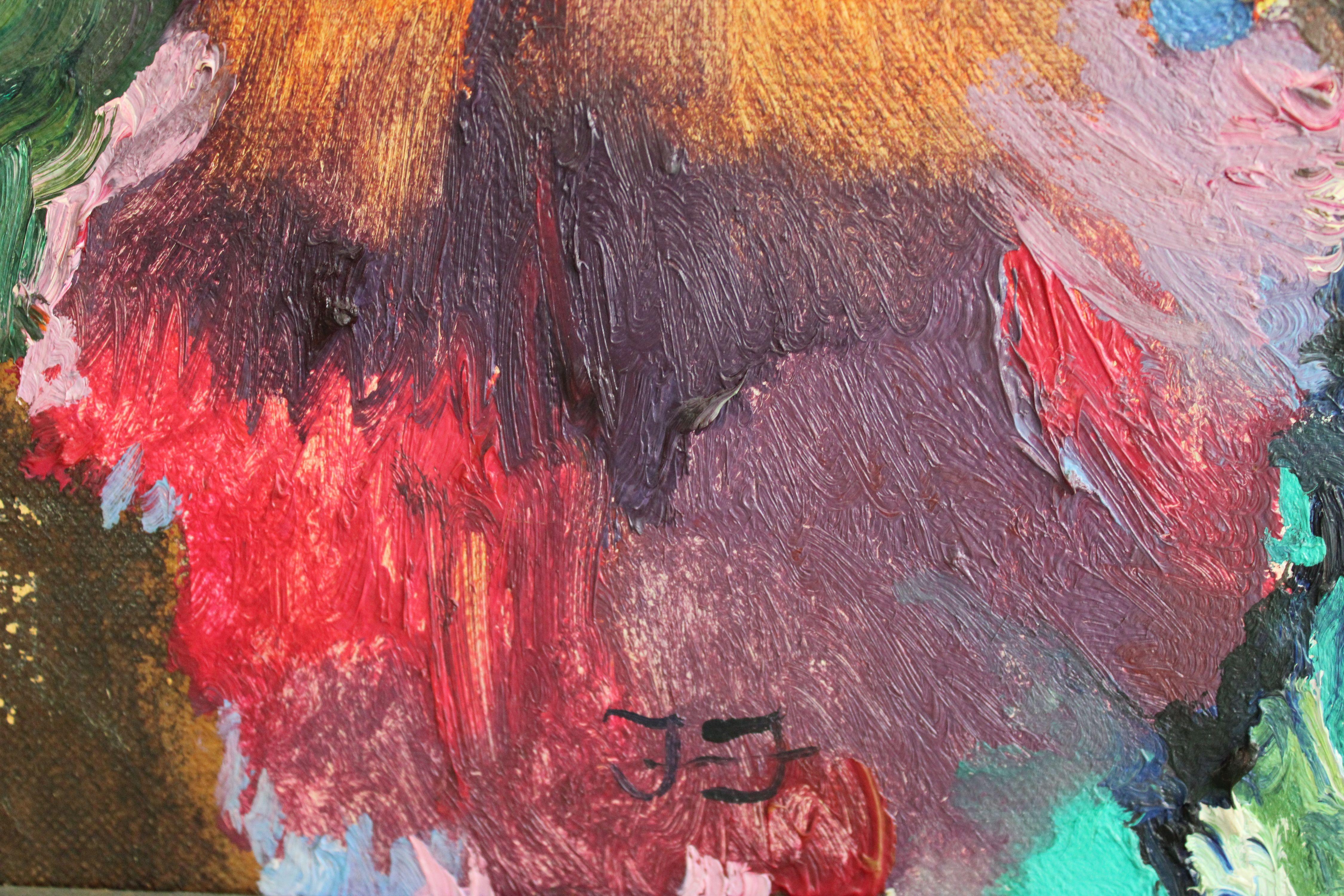 Iris bleu-rose dans un faisceau de lumière. 1998, toile, huile, 81x54 cm - Painting de Juris Jurjans 