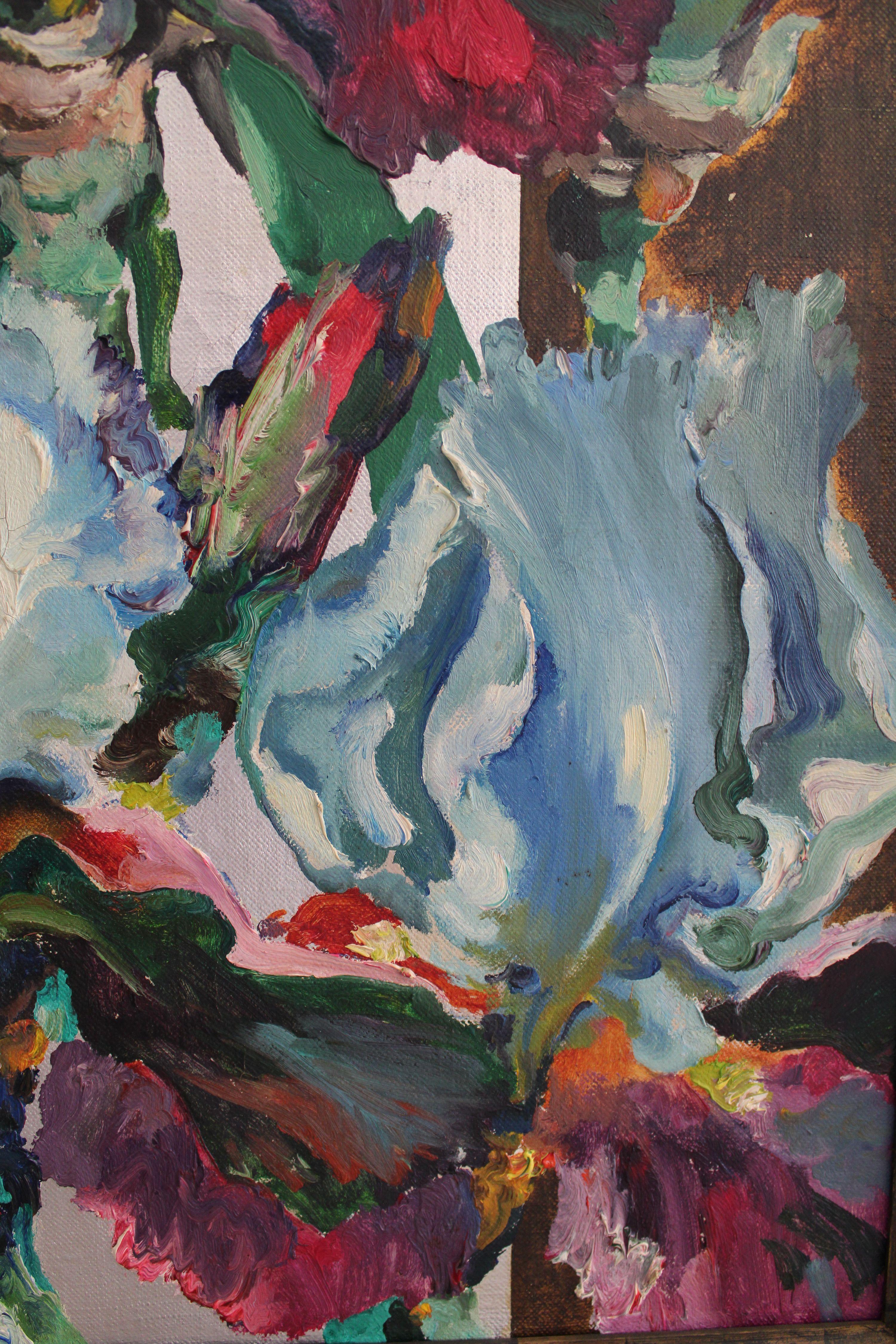Iris bleu-rose dans un faisceau de lumière. 1998, toile, huile, 81x54 cm - Réalisme Painting par Juris Jurjans 