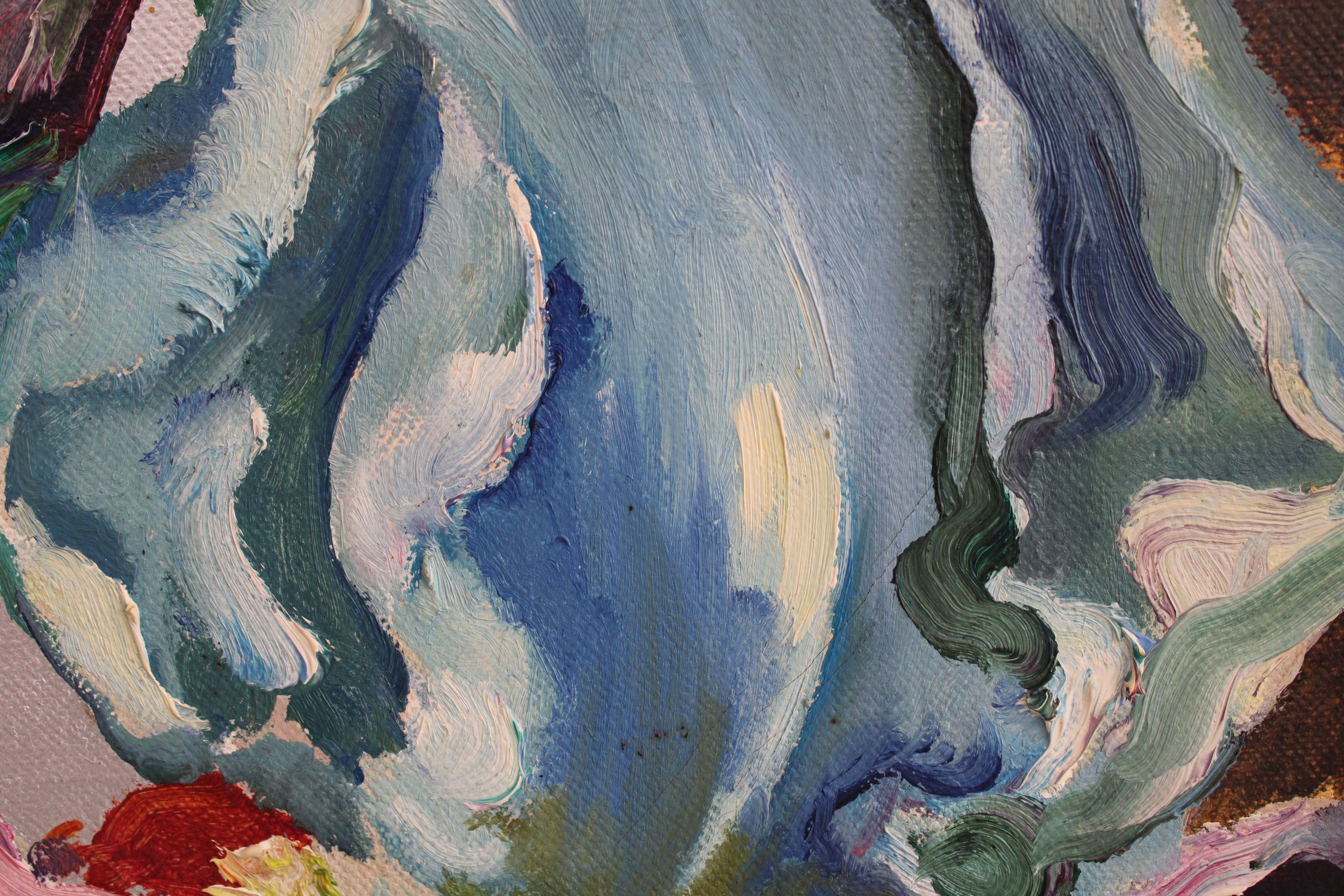 Iris bleu-rose dans un faisceau de lumière. 1998, toile, huile, 81x54 cm - Gris Still-Life Painting par Juris Jurjans 