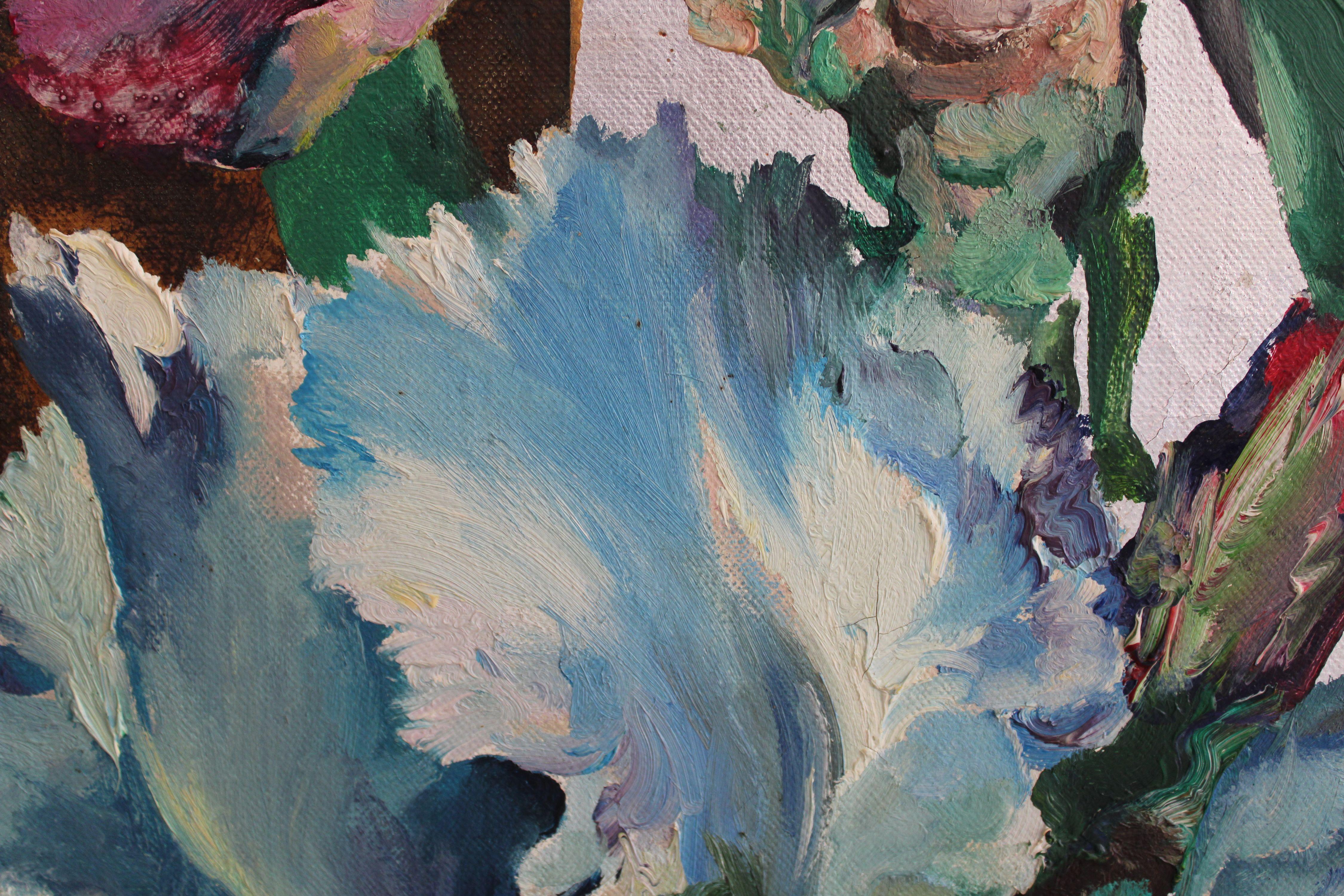 Iris bleu-rose dans un faisceau de lumière. 1998, toile, huile, 81x54 cm en vente 1