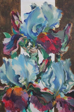 Blue-pink irises in a beam of light. 1998, canvas, oil, 81x54 cm