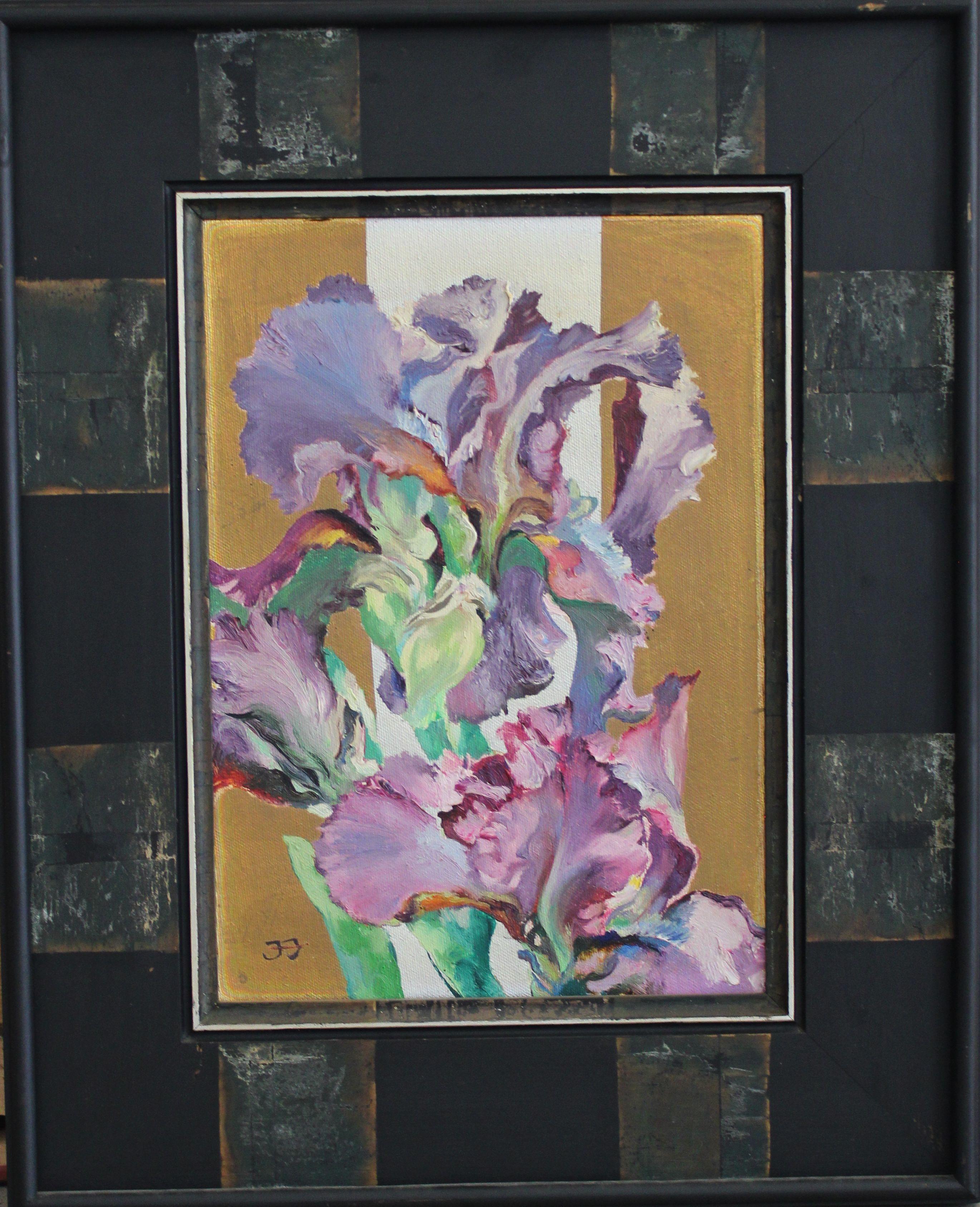 Purple irises. 1998, canvas, oil, 35x25 cm - Painting by Juris Jurjans 