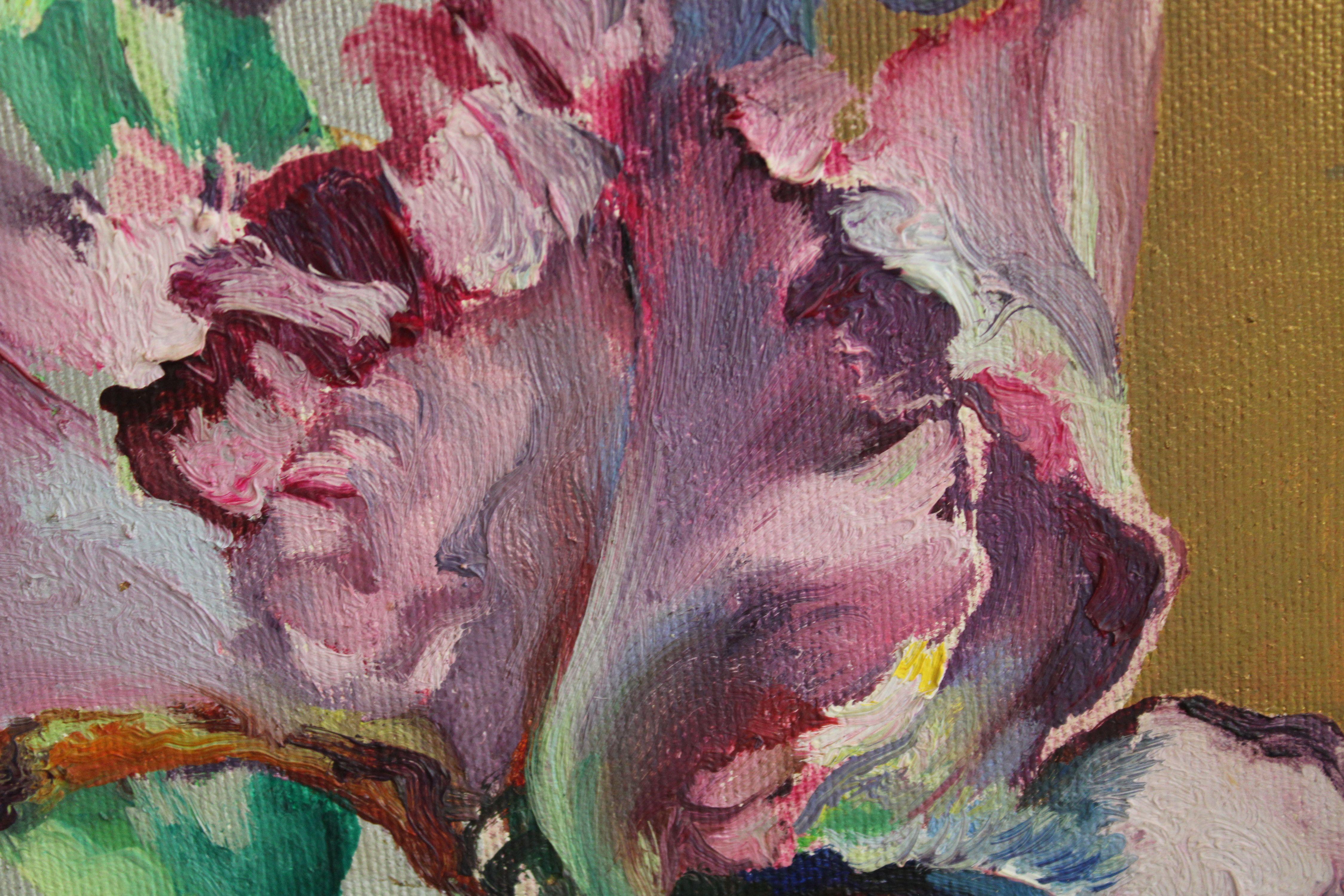 Lirios morados 1998, lienzo, óleo, 35x25 cm - Interior Painting Gris de Juris Jurjans 
